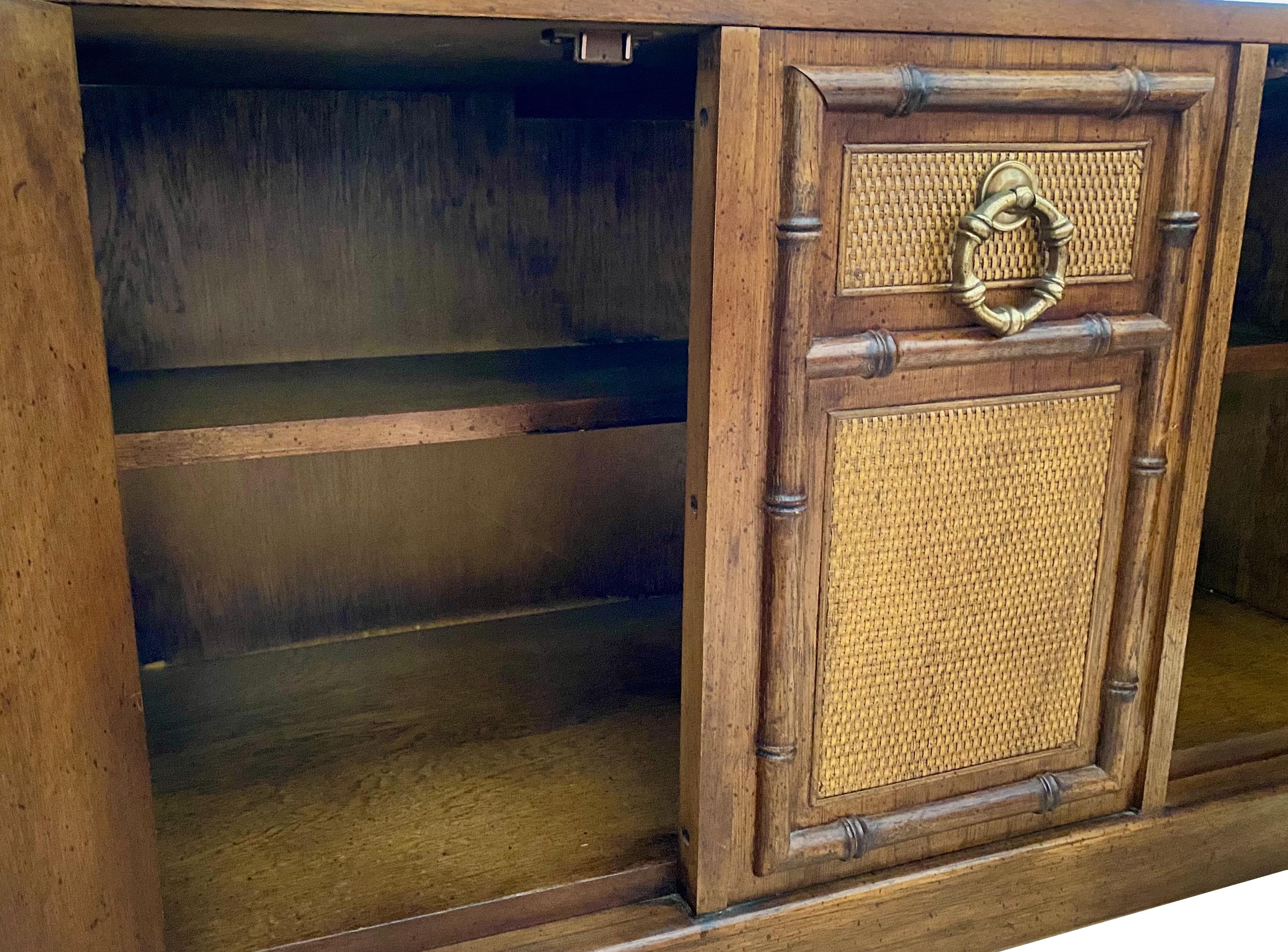 Vintage Faux Bamboo Rolling Console Table Cabinet In Good Condition In Harlingen, TX