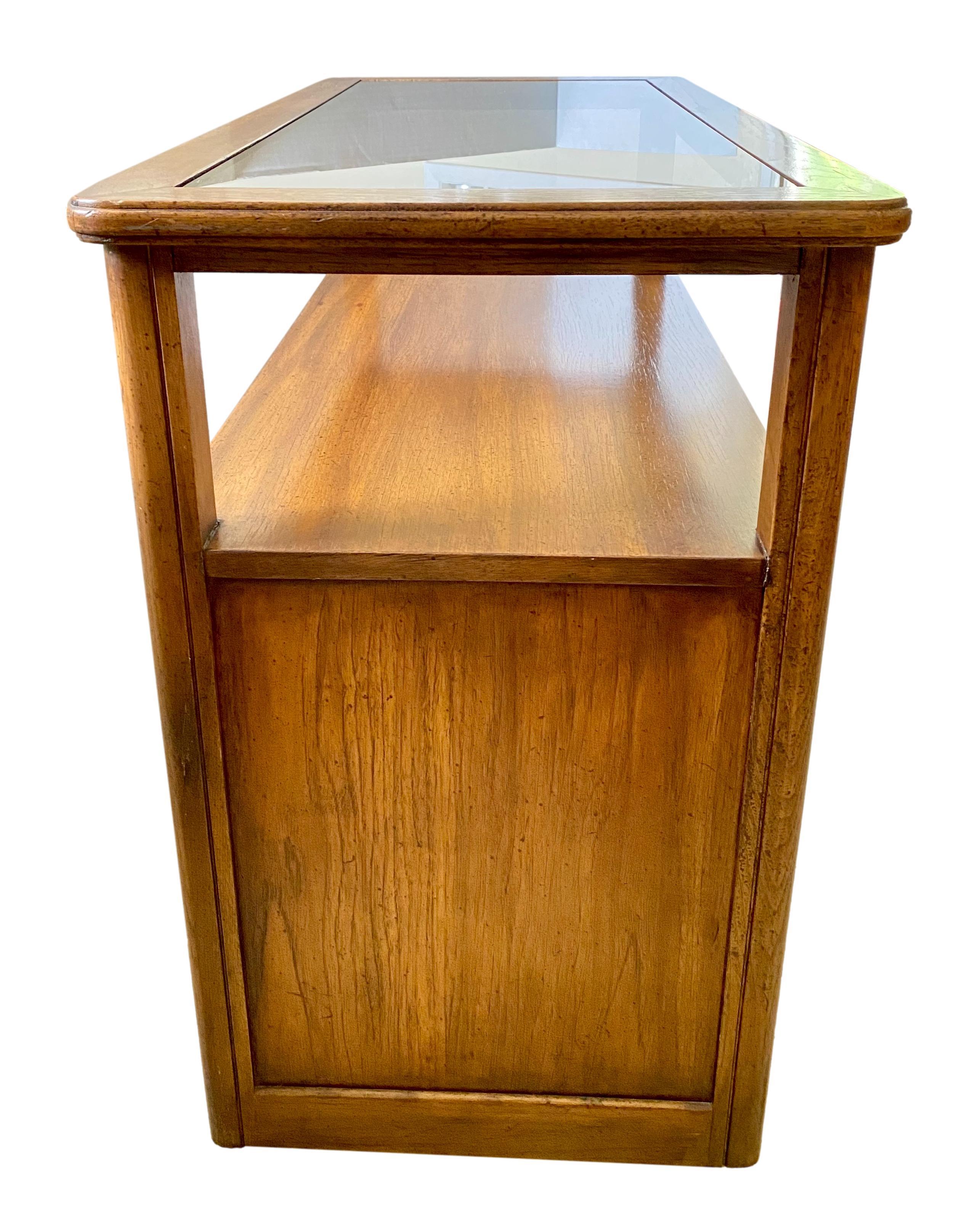 Smoked Glass Vintage Faux Bamboo Rolling Console Table Cabinet