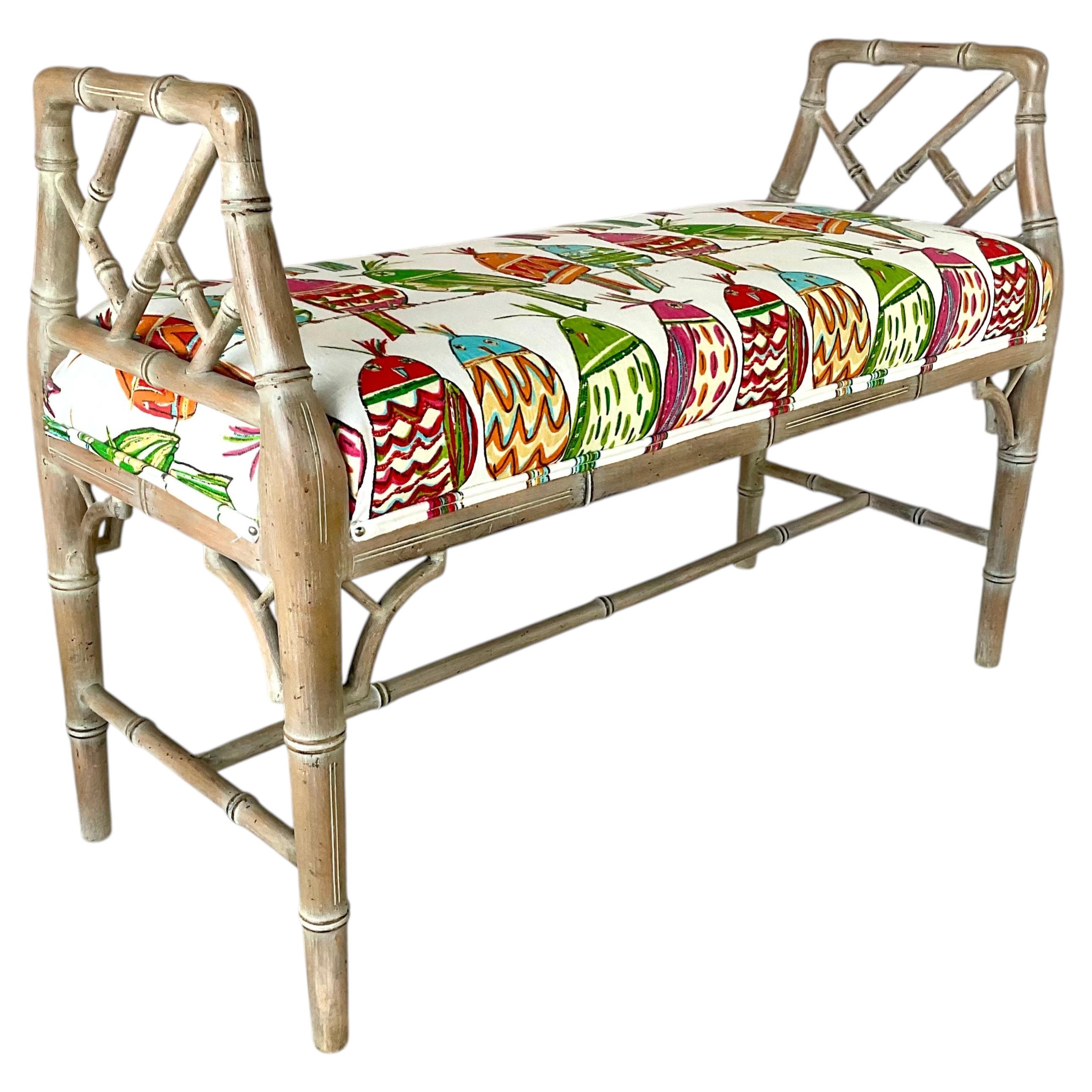 Vintage Faux Bamboo Upholstered Bench, Hollywood Regency, Mid 20th Century