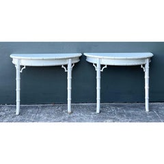 Vintage Faux Bamboo Wall Mount Demilune Console Tables - A Pair