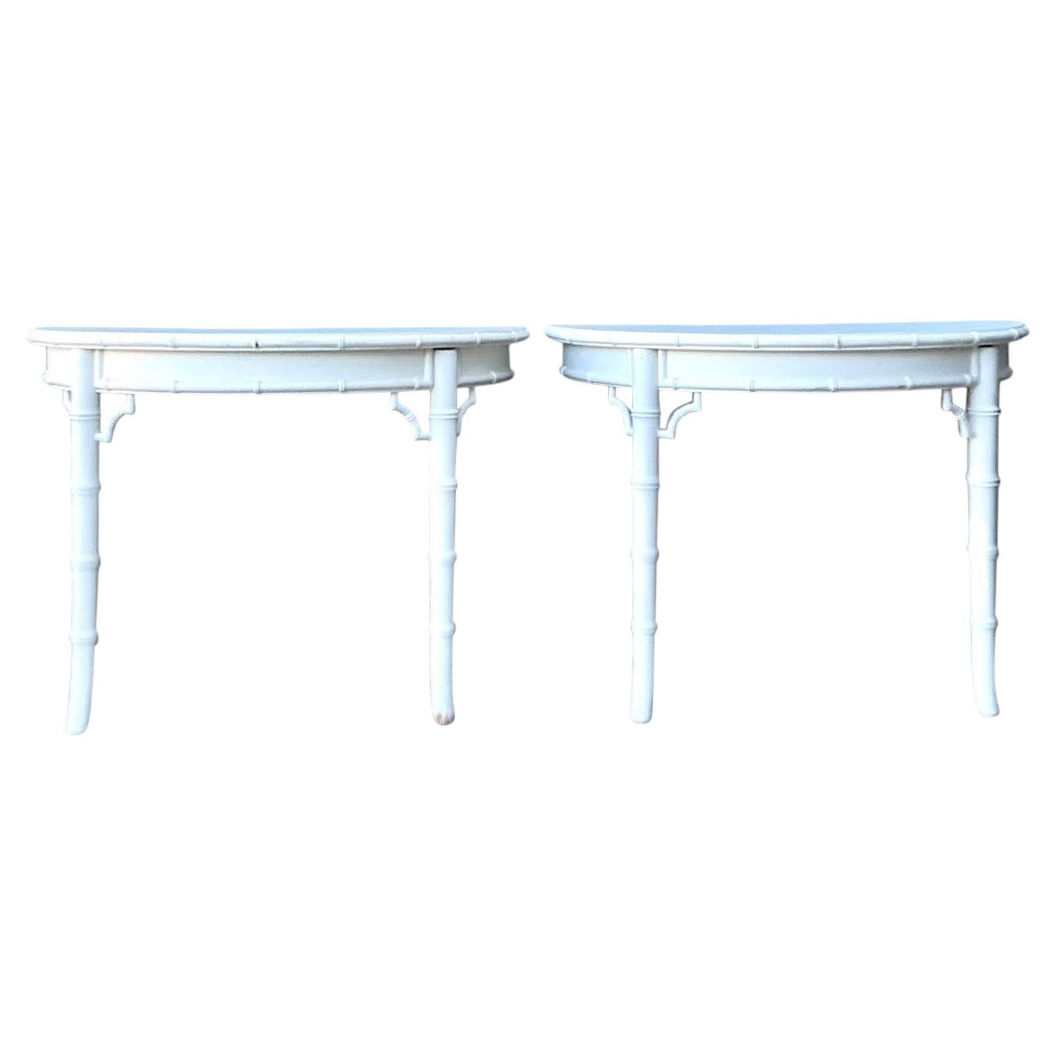 Vintage Faux Bamboo Wall Mount Demilune Console Tables - A Pair
