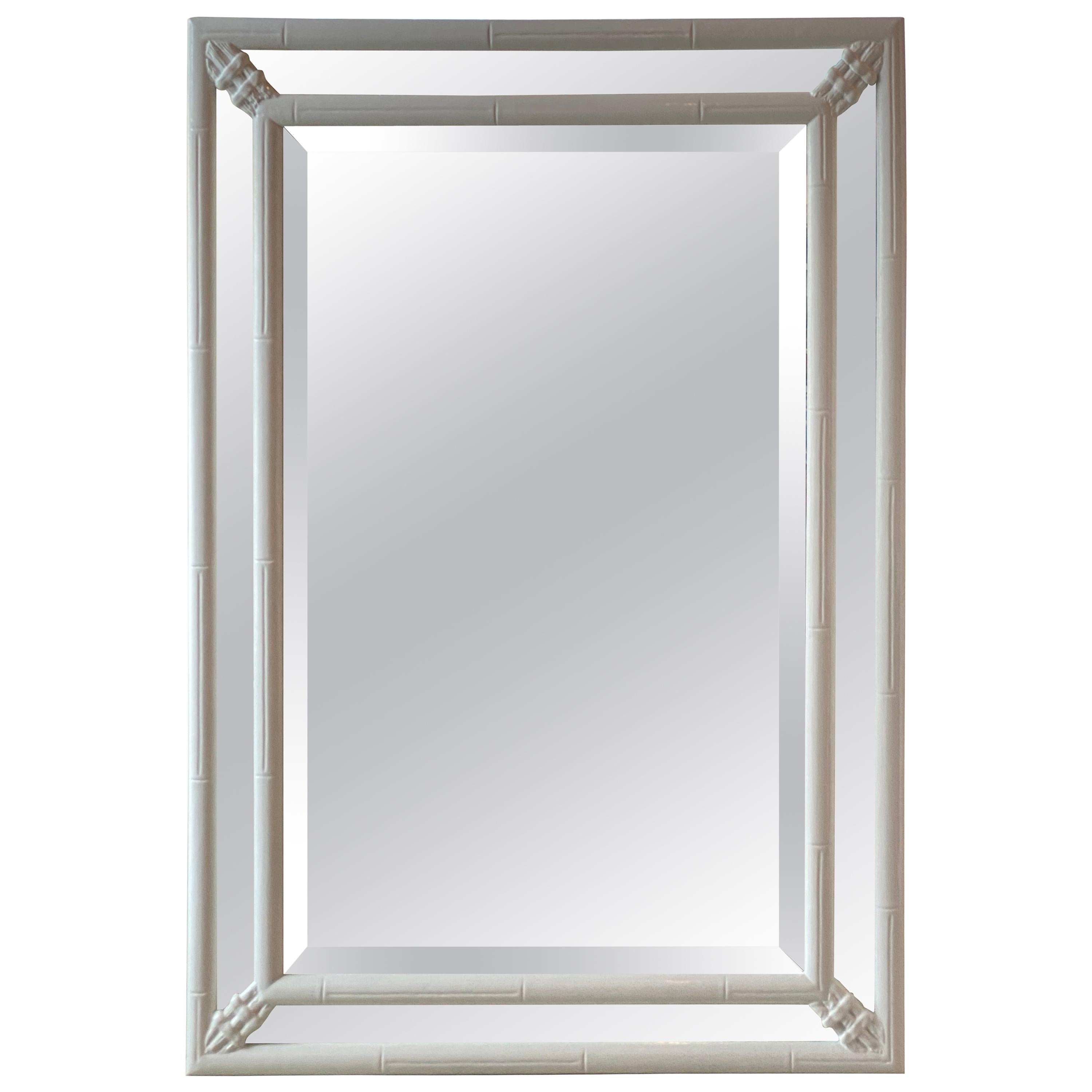 Vintage Faux Bamboo White Lacquered Wall Mirror Horizontal or Vertical For Sale
