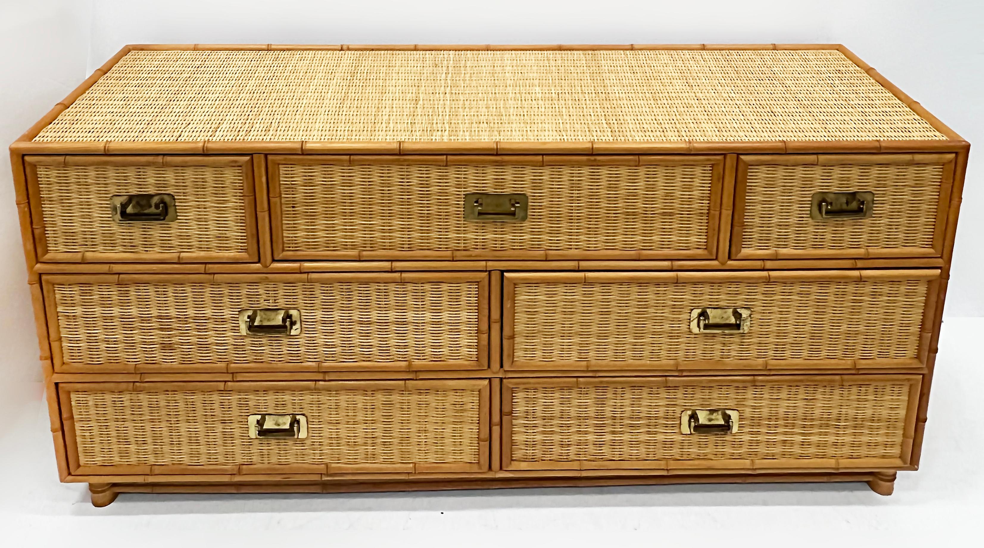 Vintage Faux Bamboo, Wicker and Brass 7 Drawer Dresser In Good Condition In Miami, FL