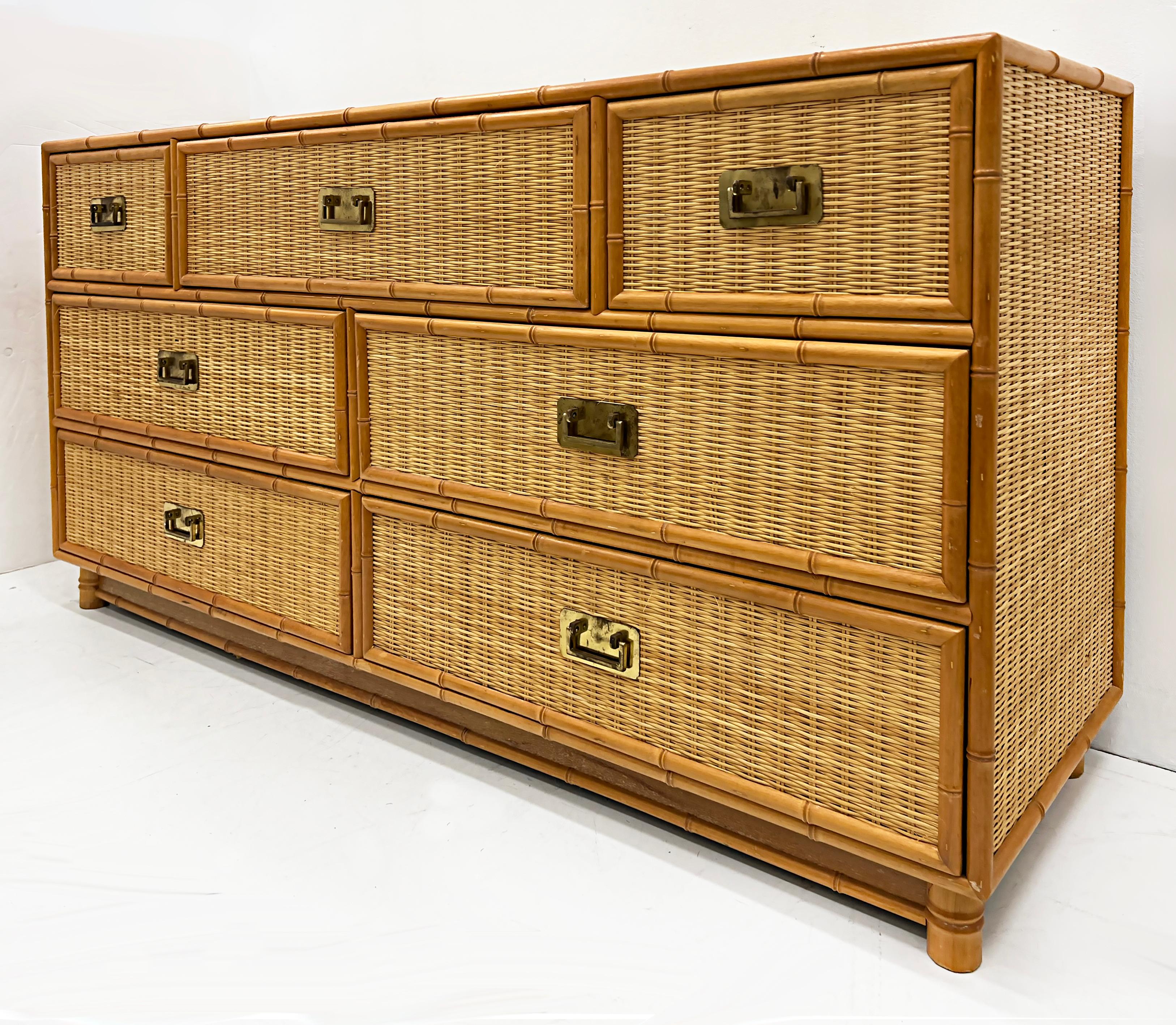 20th Century Vintage Faux Bamboo, Wicker and Brass 7 Drawer Dresser