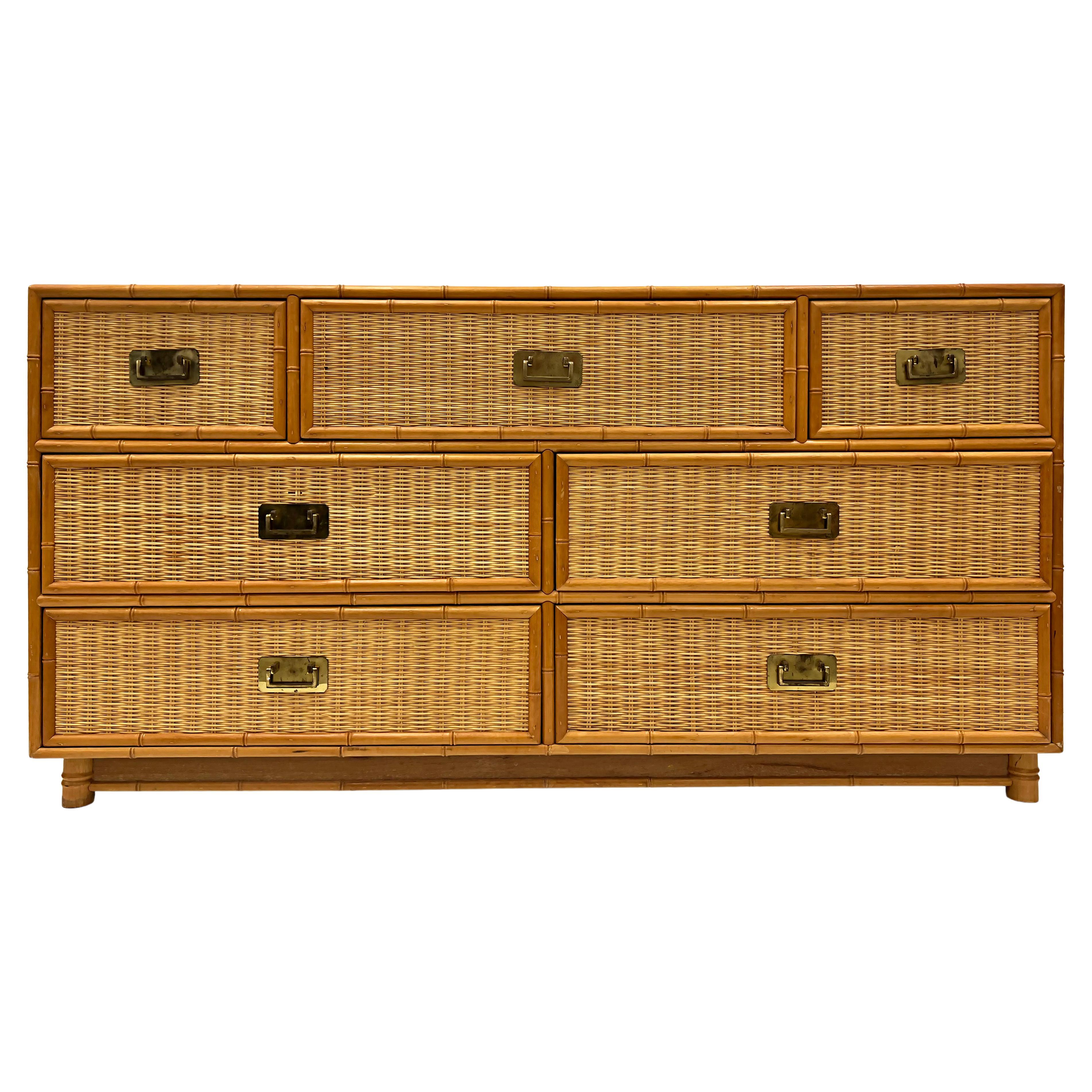 Vintage Faux Bamboo, Wicker and Brass 7 Drawer Dresser