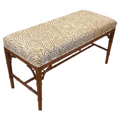 Vintage Faux Bamboo Wood Bench Newly Upholstered Quadrille Fabric