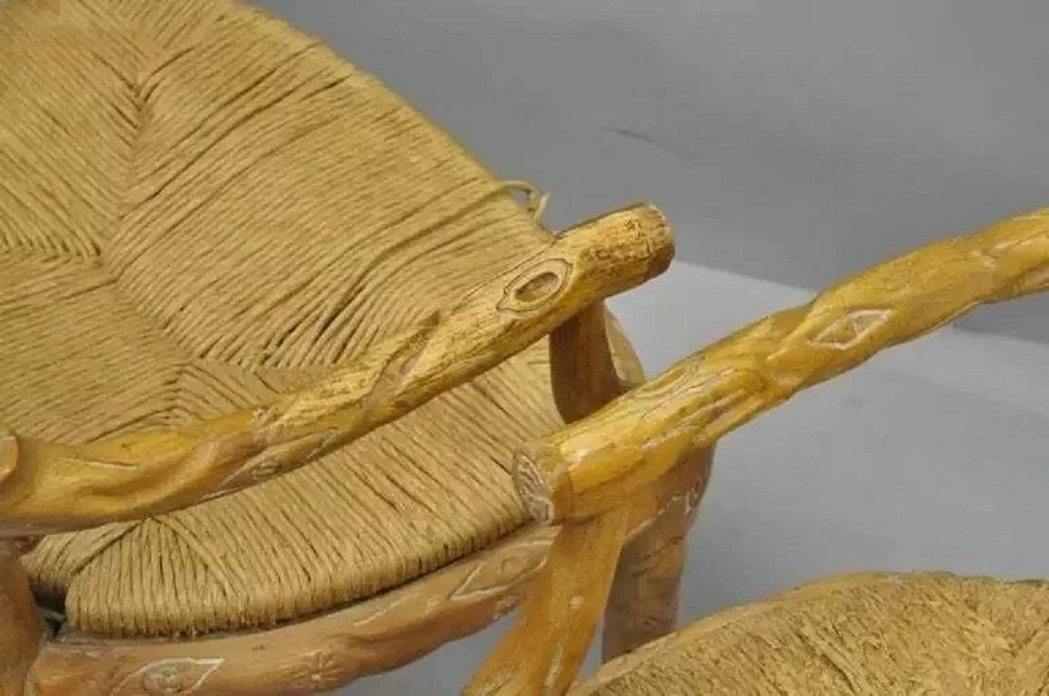 Vintage Faux Bois Branch Cane Back Rush Seat Wooden Dining Chairs - Set of 6 For Sale 4