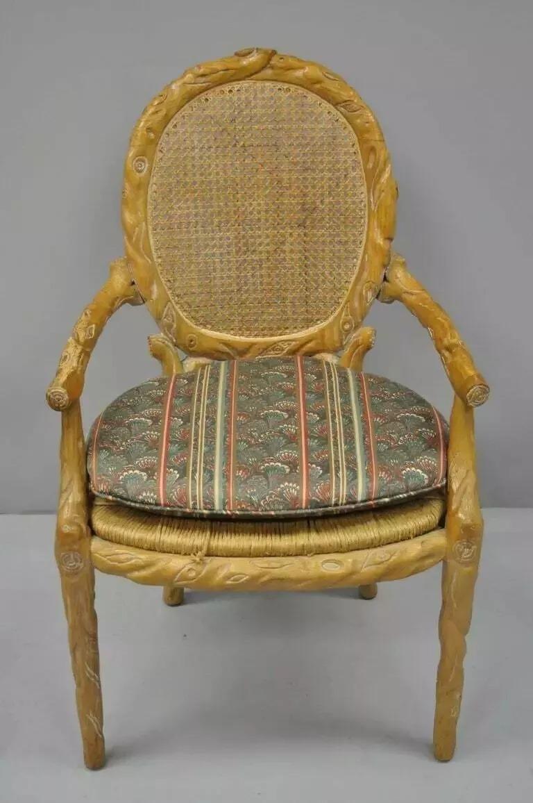 Vintage Faux Bois Branch Cane Back Rush Seat Wooden Dining Chairs - Set of 6 For Sale 6