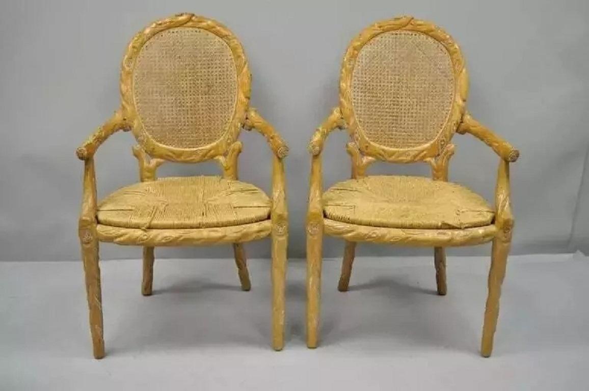 Vintage Faux Bois Branch Cane Back Rush Seat Wooden Dining Chairs - Set of 6. Listing includes two armchairs, four side chairs, heavy solid wood construction, nicely carved details, tapered legs, oval cane backs, woven rush seats, quality American
