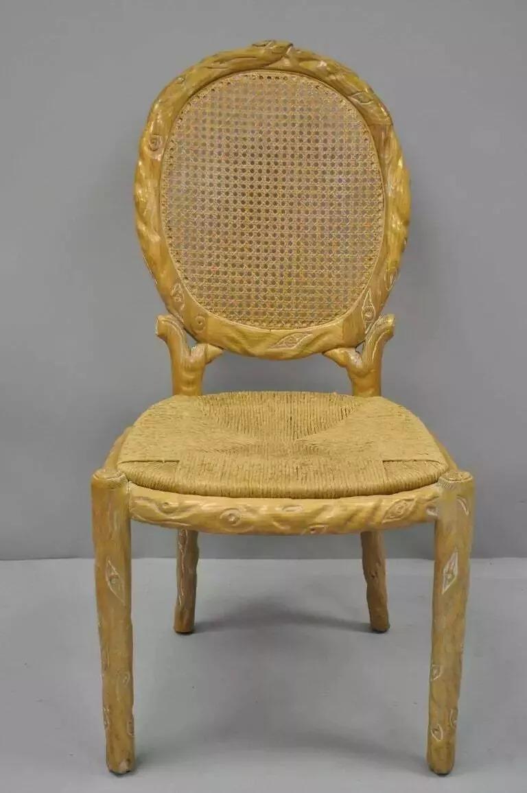 Hollywood Regency Vintage Faux Bois Branch Cane Back Rush Seat Wooden Dining Chairs - Set of 6 For Sale