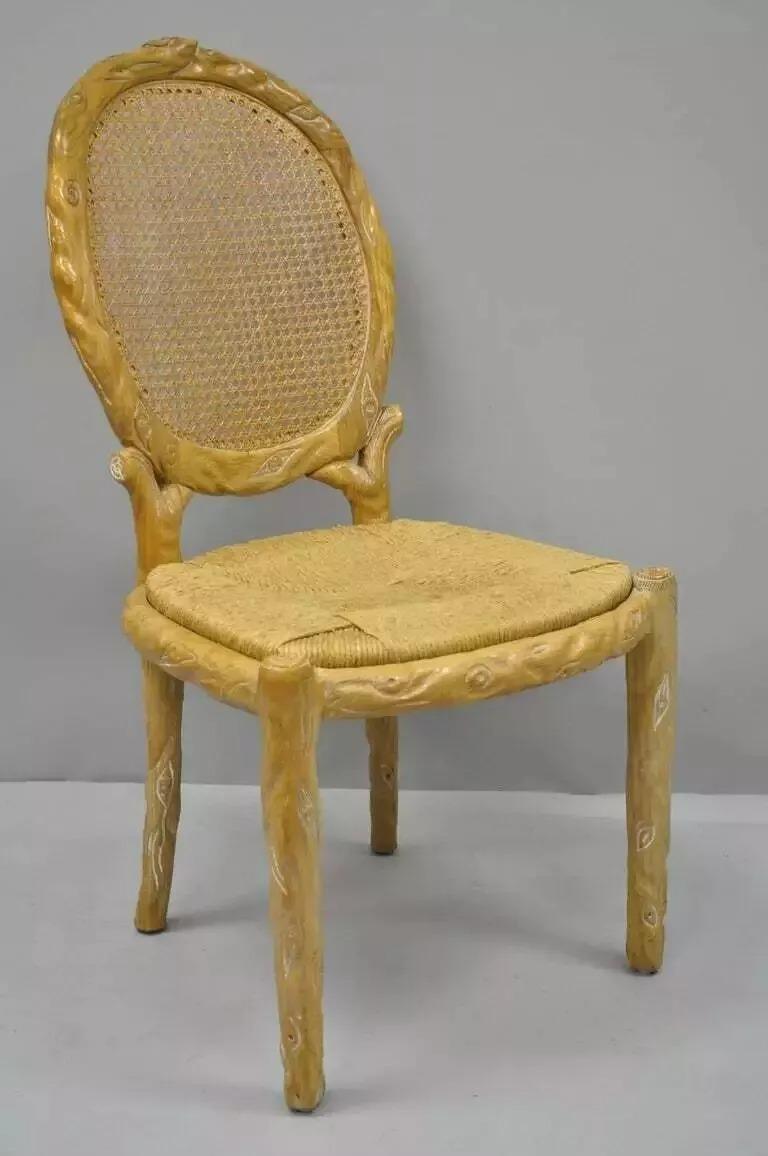Unknown Vintage Faux Bois Branch Cane Back Rush Seat Wooden Dining Chairs - Set of 6 For Sale