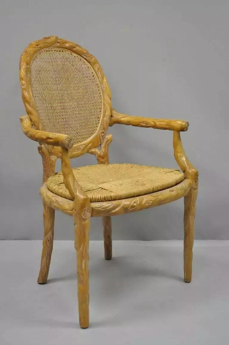 Vintage Faux Bois Branch Cane Back Rush Seat Wooden Dining Chairs - Set of 6 In Good Condition For Sale In Philadelphia, PA