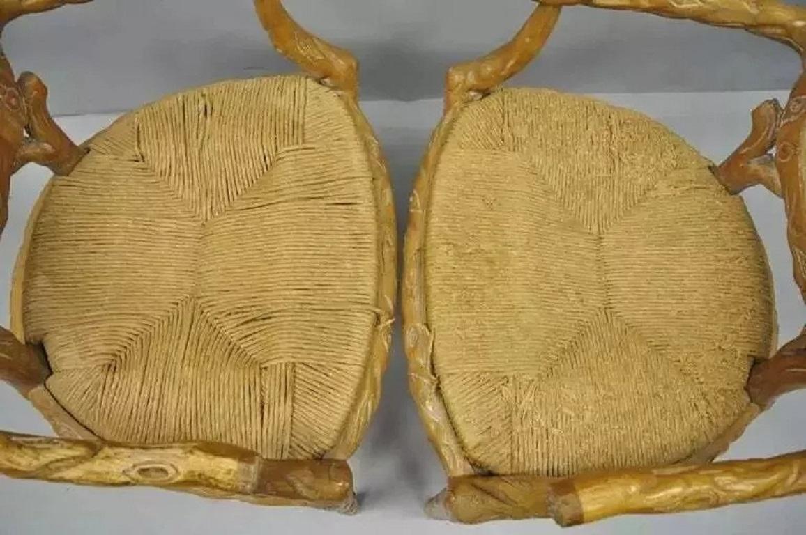 Vintage Faux Bois Branch Cane Back Rush Seat Wooden Dining Chairs - Set of 6 For Sale 3