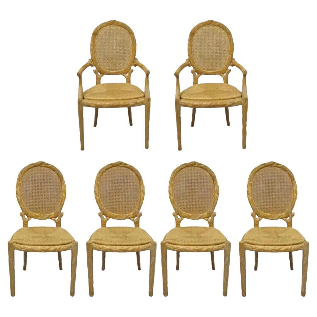 Vintage Faux Bois Branch Cane Back Rush Seat Wooden Dining Chairs - Set of 6