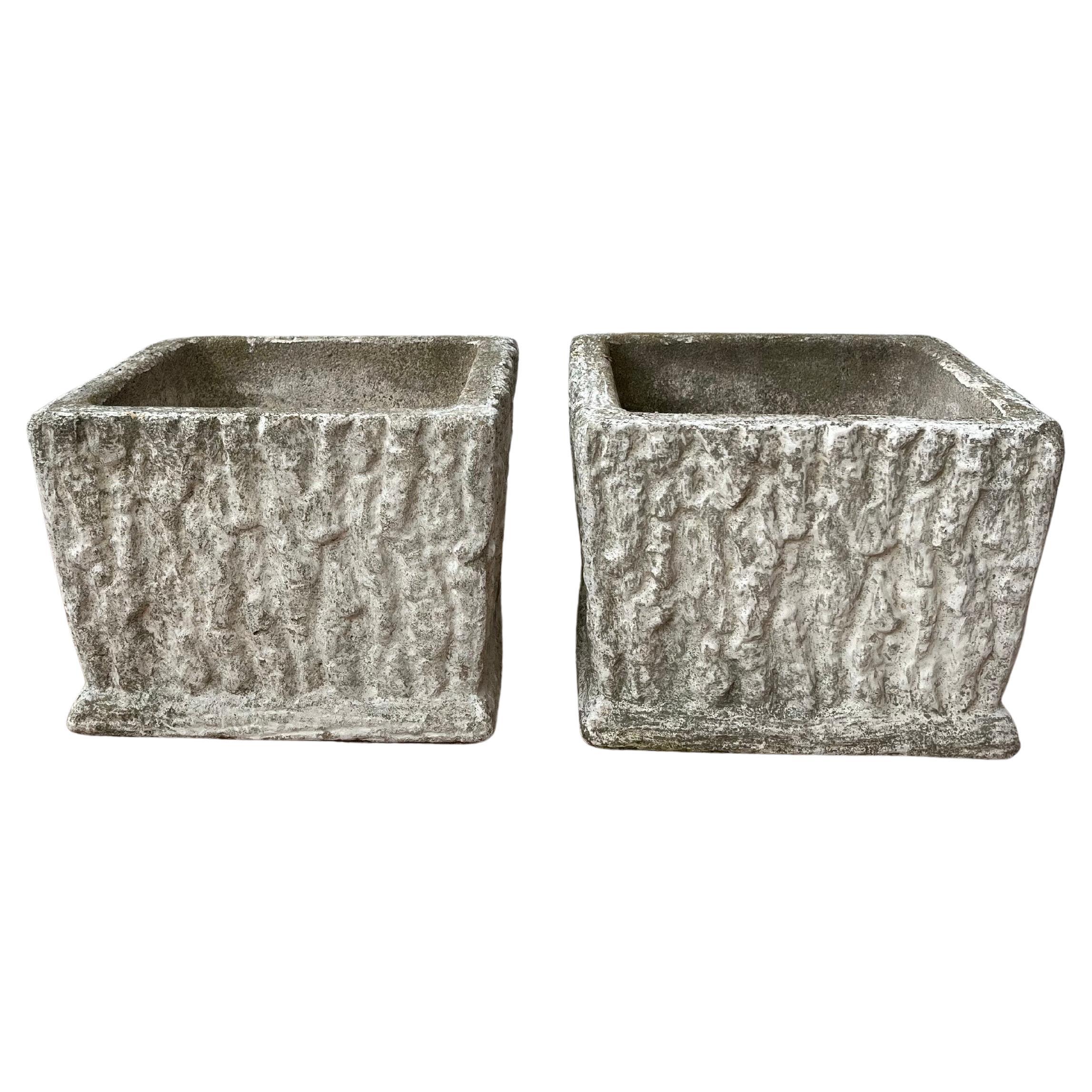 Vintage Faux Bois Cast Stone Planters, Organic Modern Brutalist Garden Cachepots