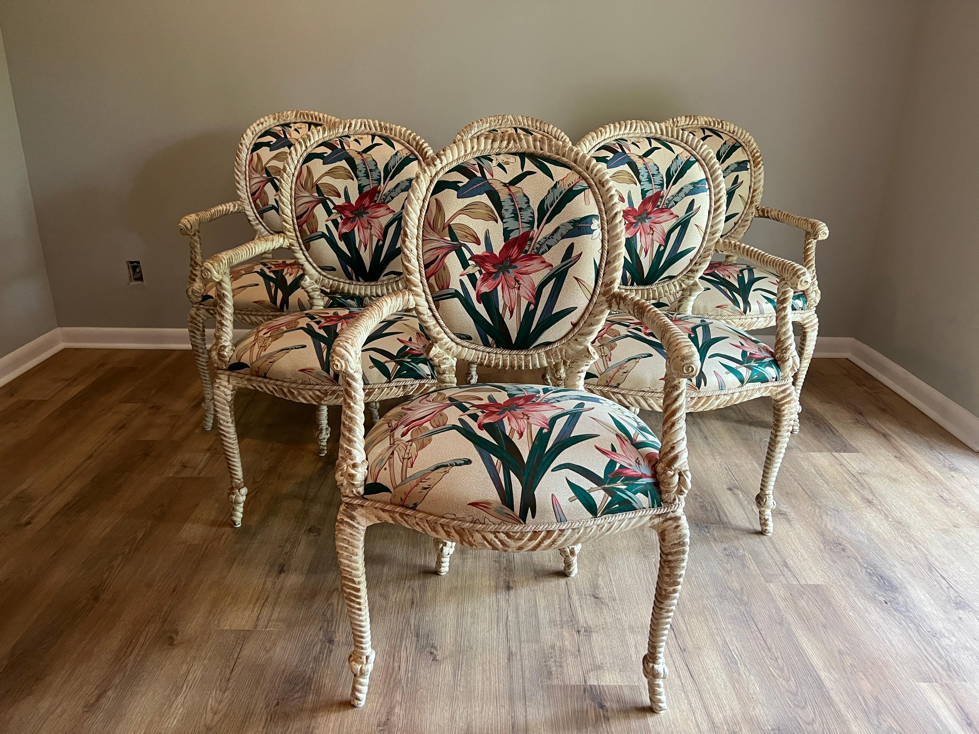 Likely Italian, 20th century. A grouping of beautifully carved faux bois armchairs with a distressed white paint finish. Stunning appearance and sturdy.
Sold in Pairs. Will happily discount for multiple sets.