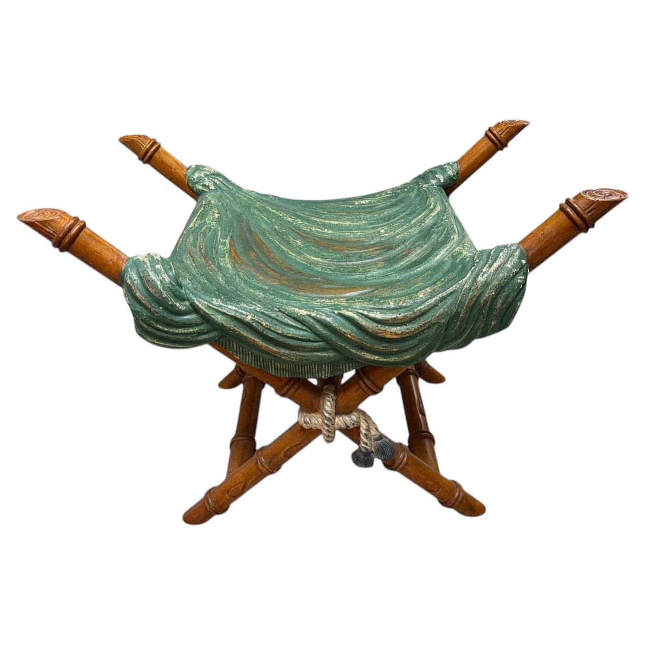 Vintage Faux Bois Draped Stool with Carved Bamboo X-Frame For Sale