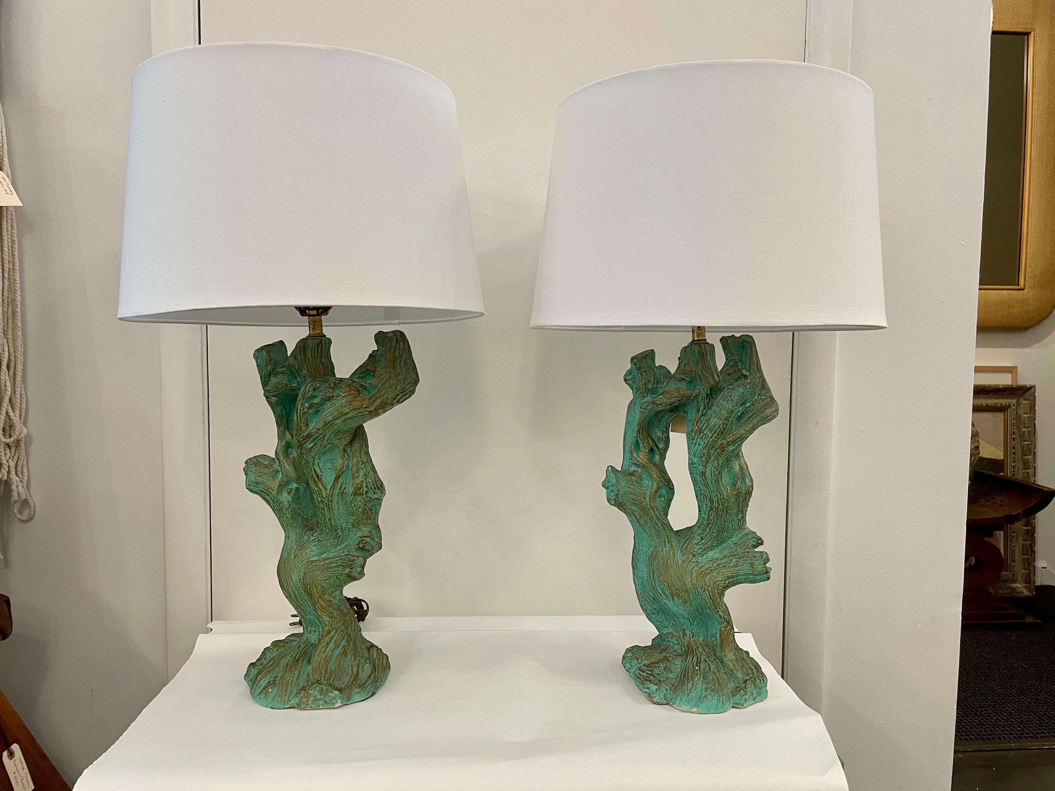 Vintage Faux Bois Plaster Driftwood Lamps, Pair In Good Condition In North Miami, FL