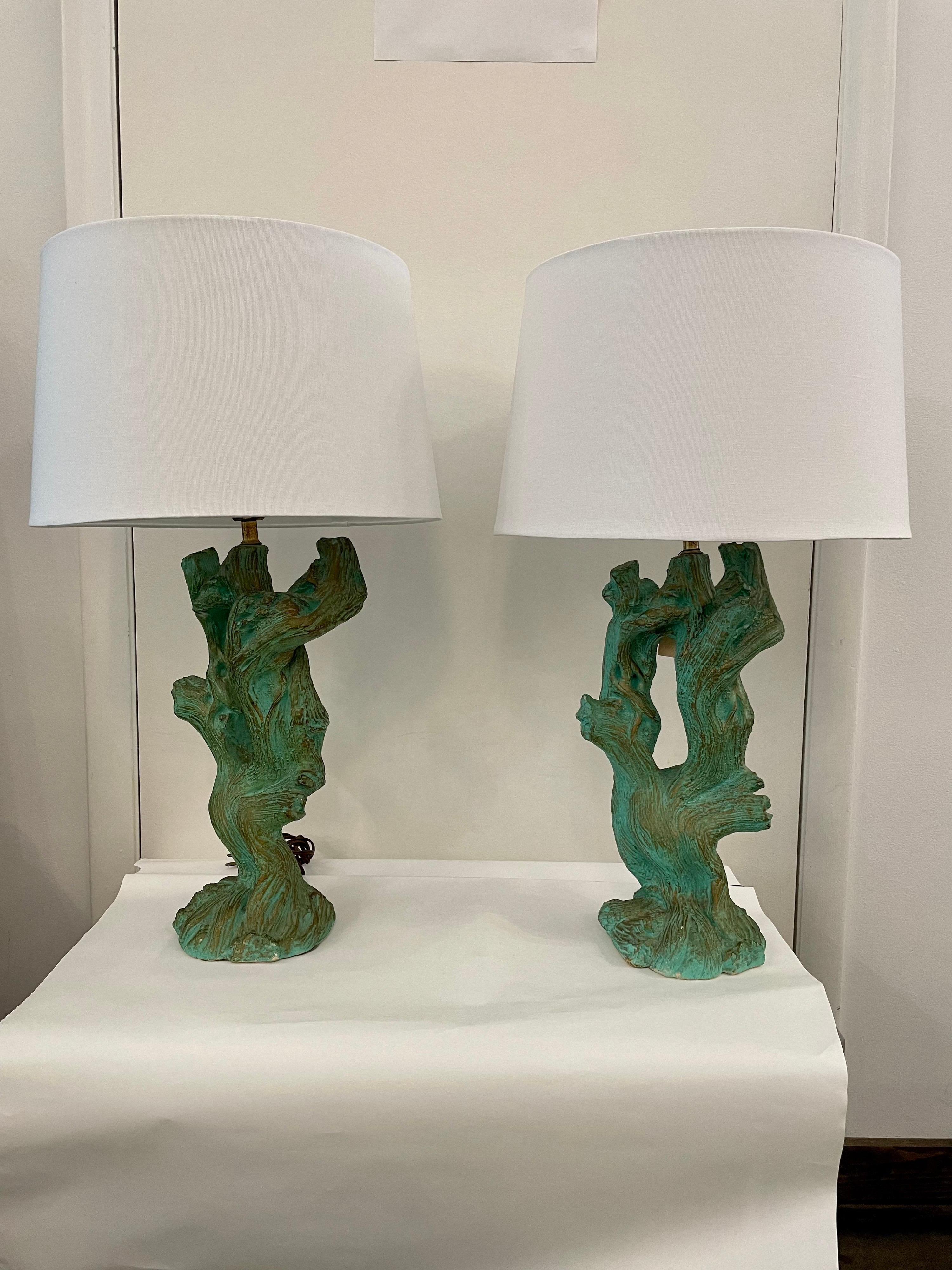 Mid-20th Century Vintage Faux Bois Plaster Driftwood Lamps, Pair