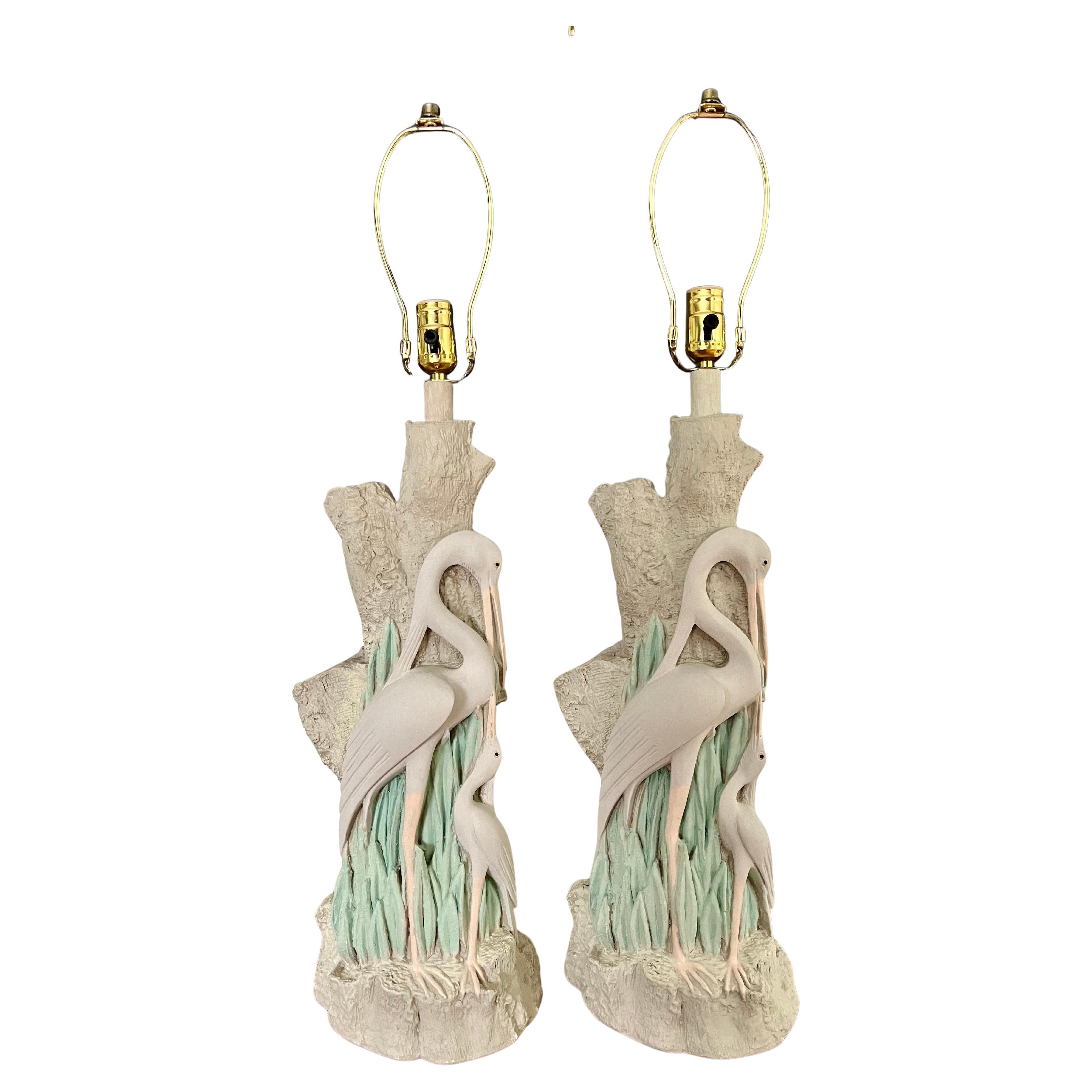 Vintage Faux Bois Plaster Egret Lamps
