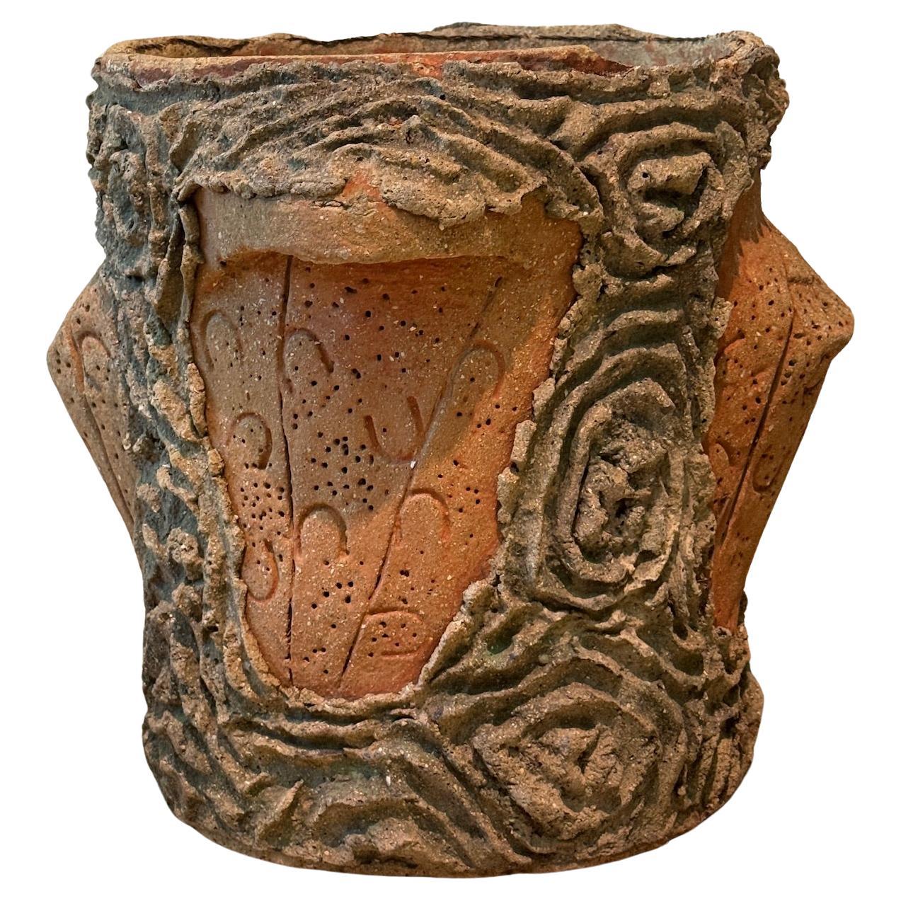 Vintage Faux Bois Pottery Planter with Sculptural Incised Terracotta Panels For Sale
