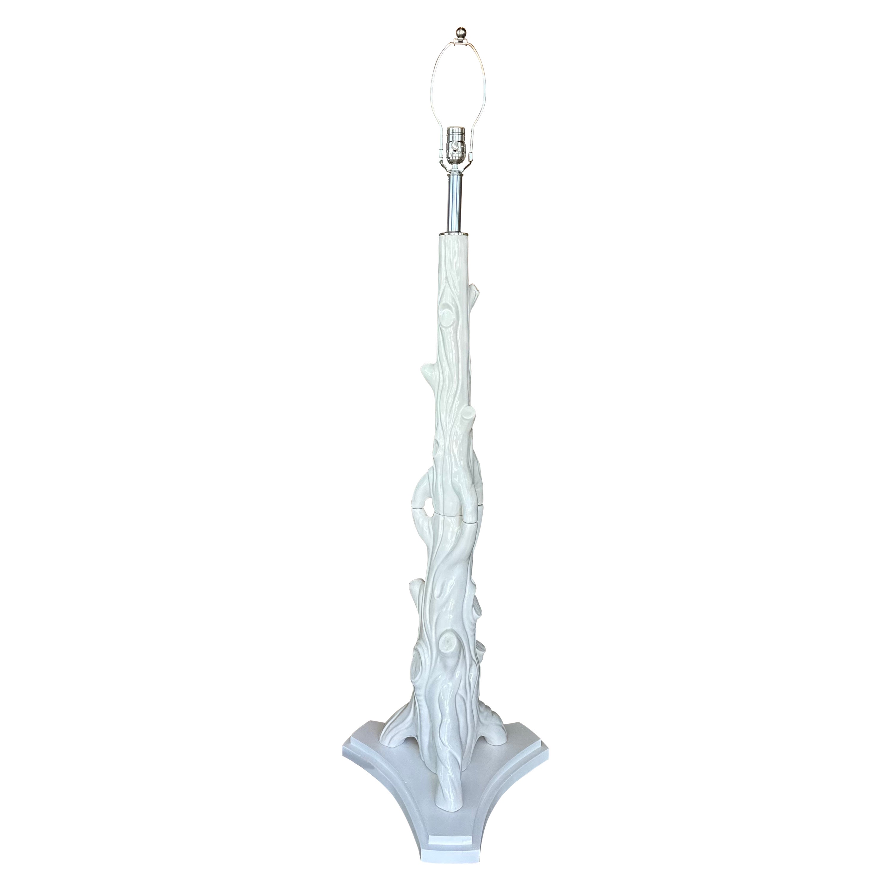 Lámpara de pie Vintage Faux Bois Blanco Tronco de Árbol de Cerámica Restaurada