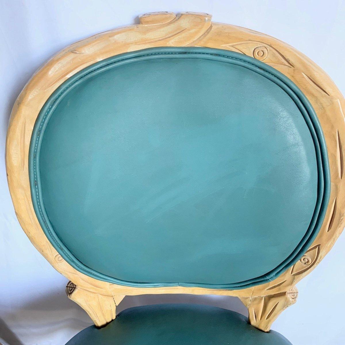 Sedia da pranzo in legno Faux Boi vintage con vinile turchese - Set di 8 in vendita 4
