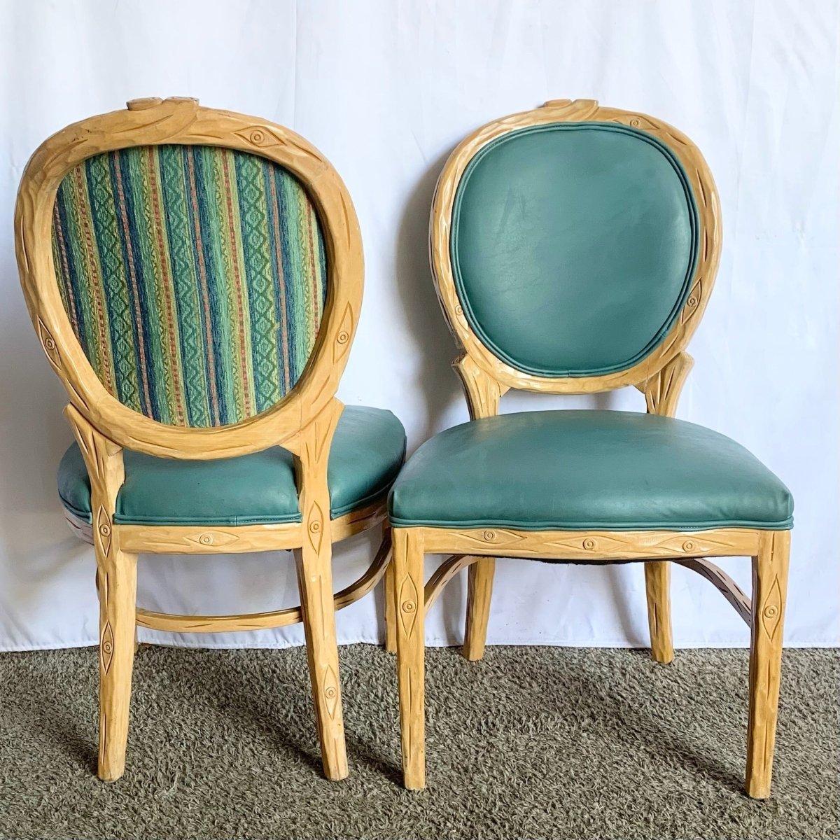 Fine XX secolo Sedia da pranzo in legno Faux Boi vintage con vinile turchese - Set di 8 in vendita