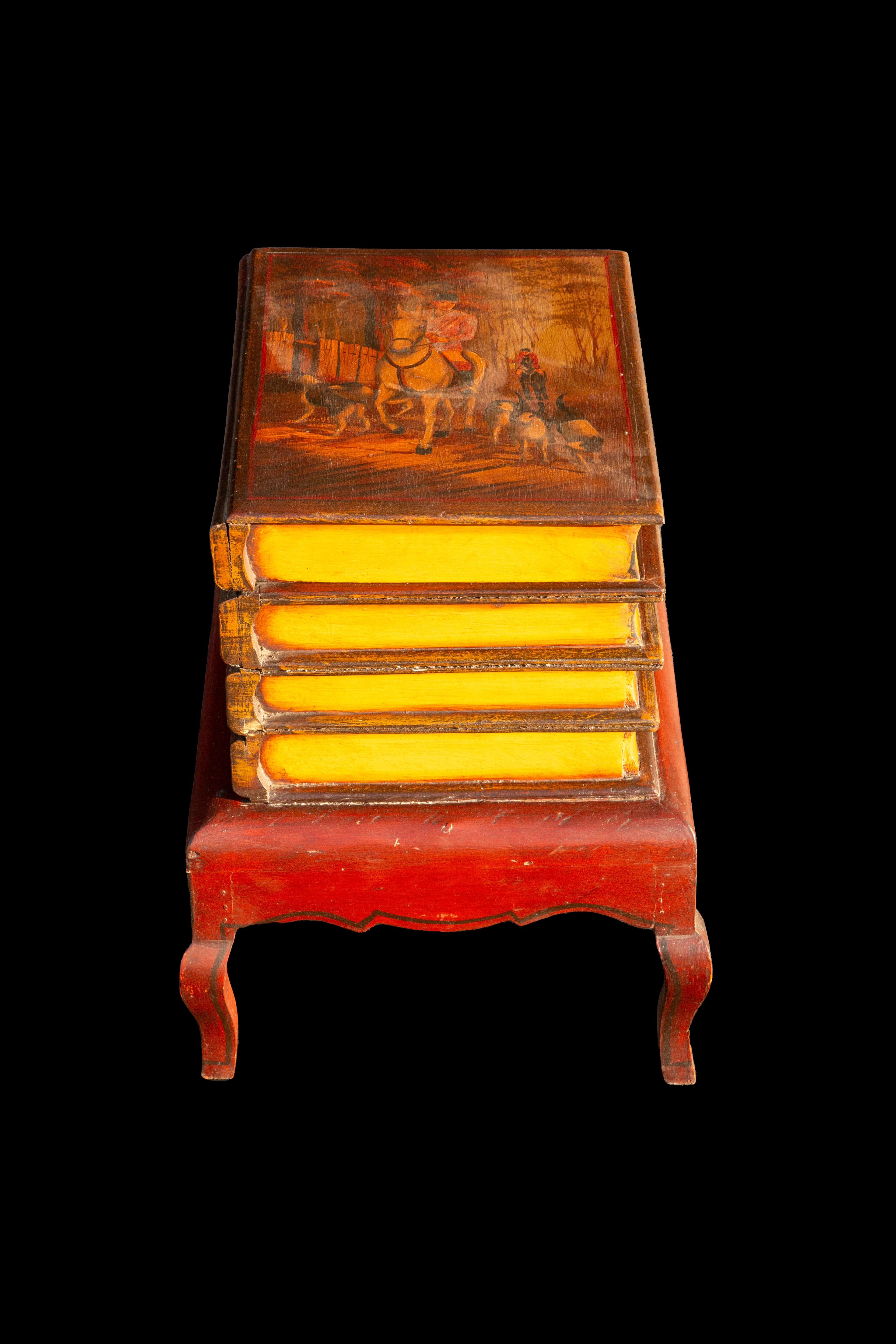 Wood Vintage Faux Book Table with Horse Scene and Storage For Sale