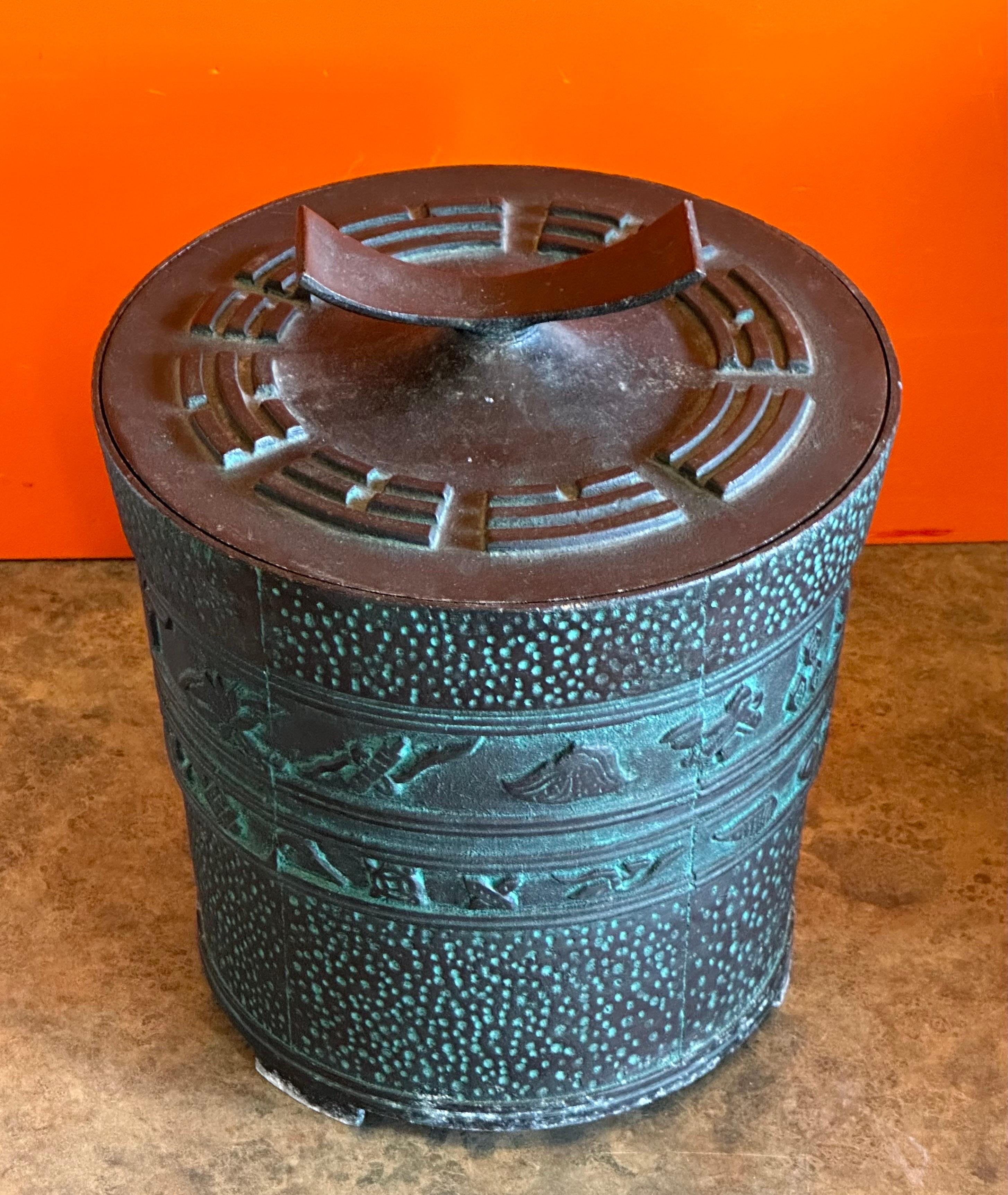 Taiwanese Vintage Faux Bronze Chinese Lidded Ice Bucket by Getz Bros For Sale