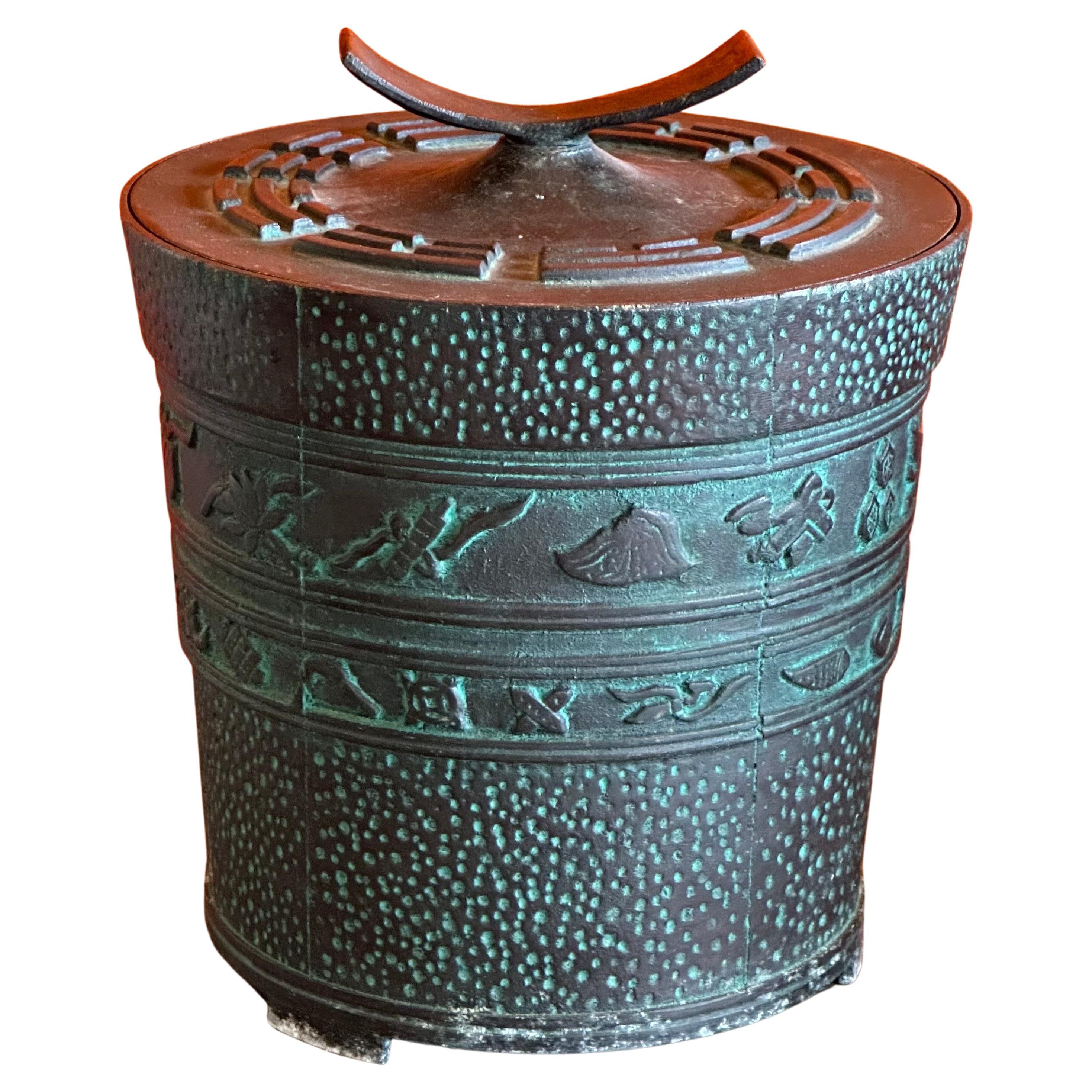 Vintage Faux Bronze Chinese Lidded Ice Bucket by Getz Bros For Sale