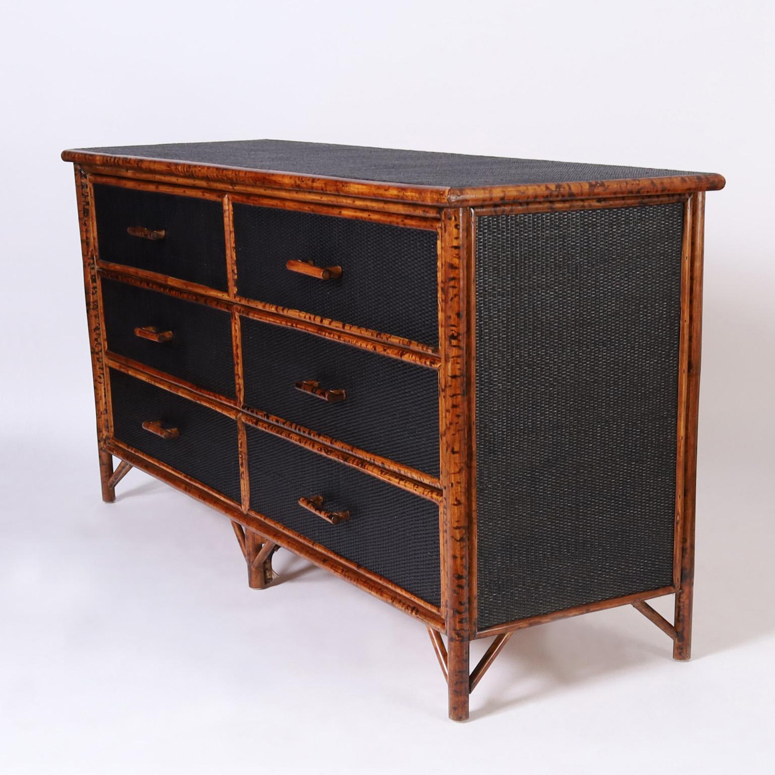 Mid-Century Modern Vintage Faux Burnt Bamboo and Grasscloth Chest of Drawers or Dresser