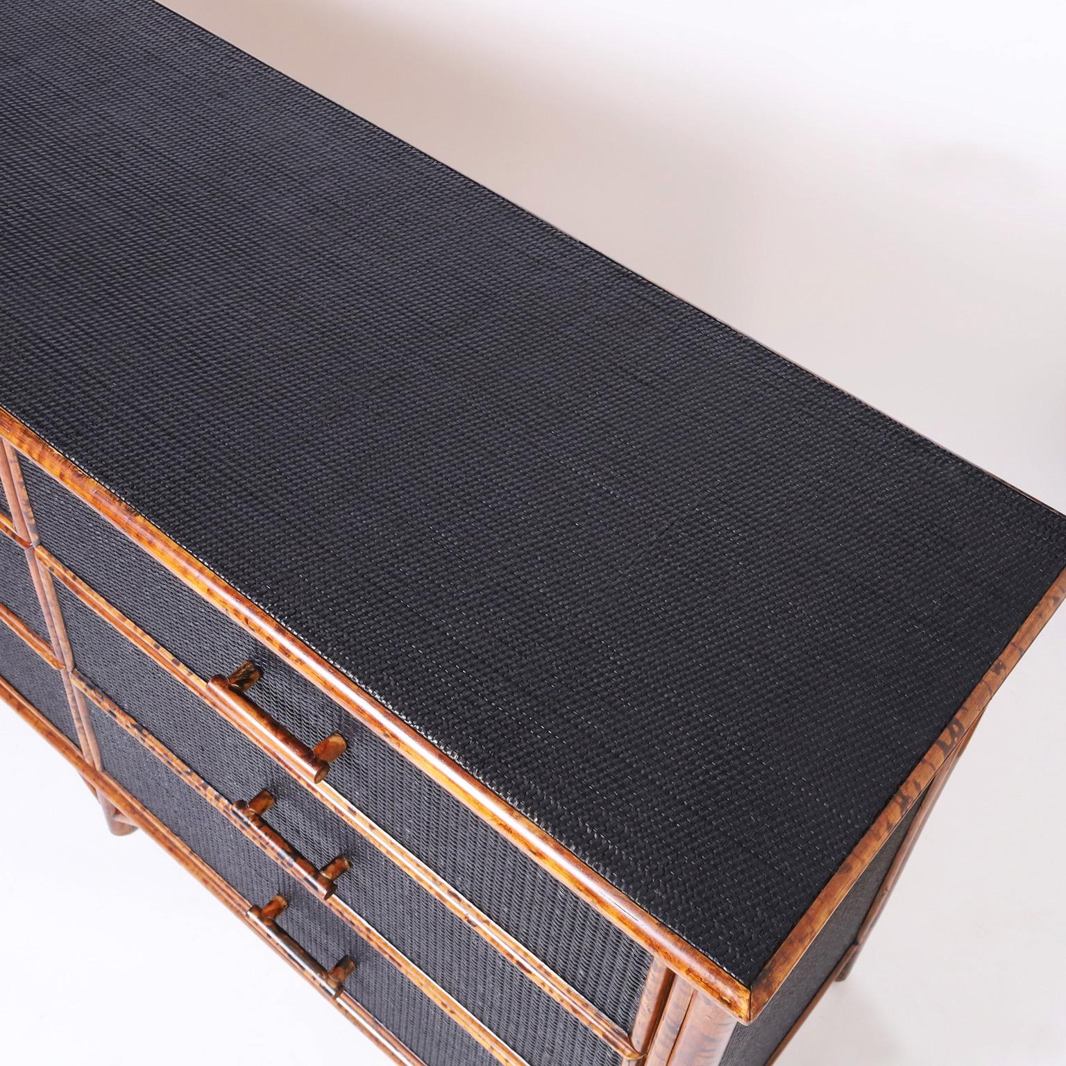 Philippine Vintage Faux Burnt Bamboo and Grasscloth Chest of Drawers or Dresser
