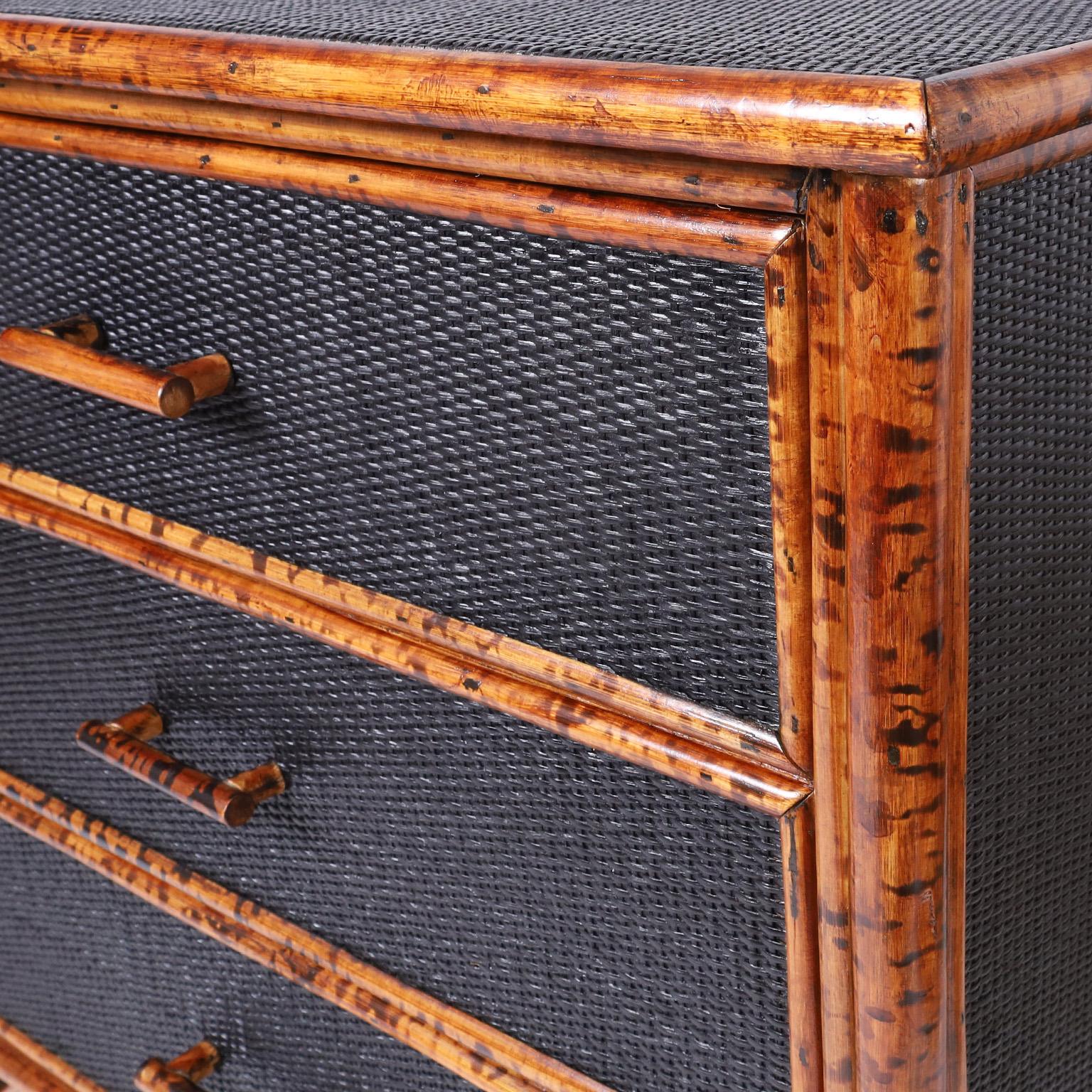 20th Century Vintage Faux Burnt Bamboo and Grasscloth Chest of Drawers or Dresser