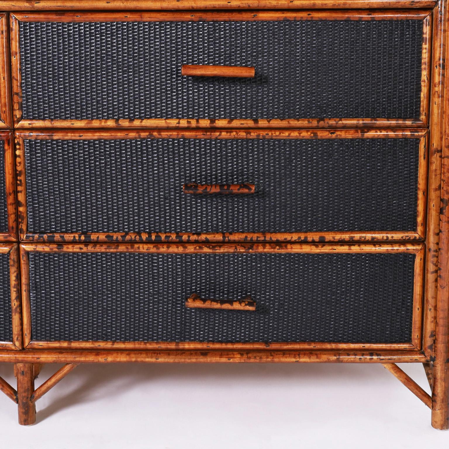 Vintage Faux Burnt Bamboo and Grasscloth Chest of Drawers or Dresser 1