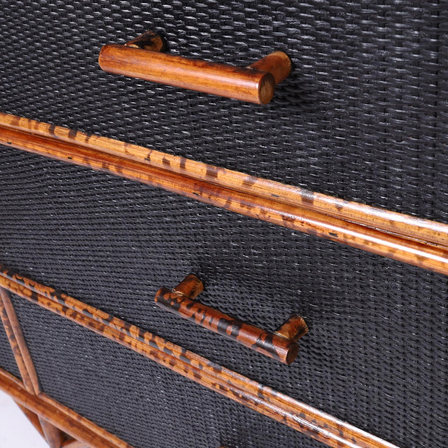 Vintage Faux Burnt Bamboo and Grasscloth Chest of Drawers or Dresser 2