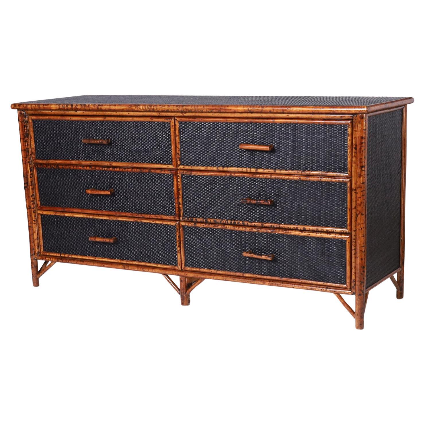 Vintage Faux Burnt Bamboo and Grasscloth Chest of Drawers or Dresser