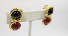 Vintage Faux Carnelian & Blue Stone Gold Tone Earrings