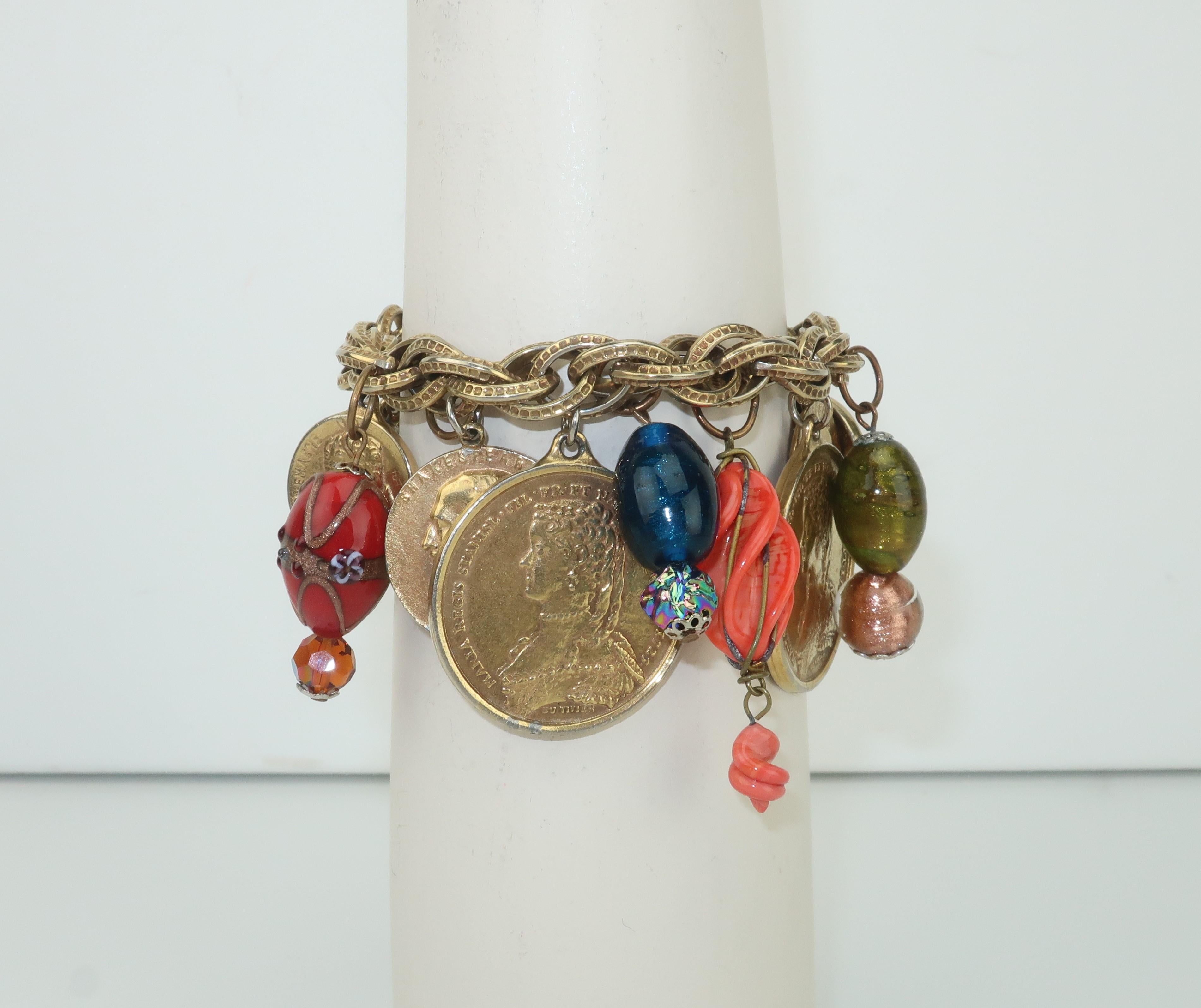 Vintage Faux Coin & Art Glass Bead Charm Bracelet 6