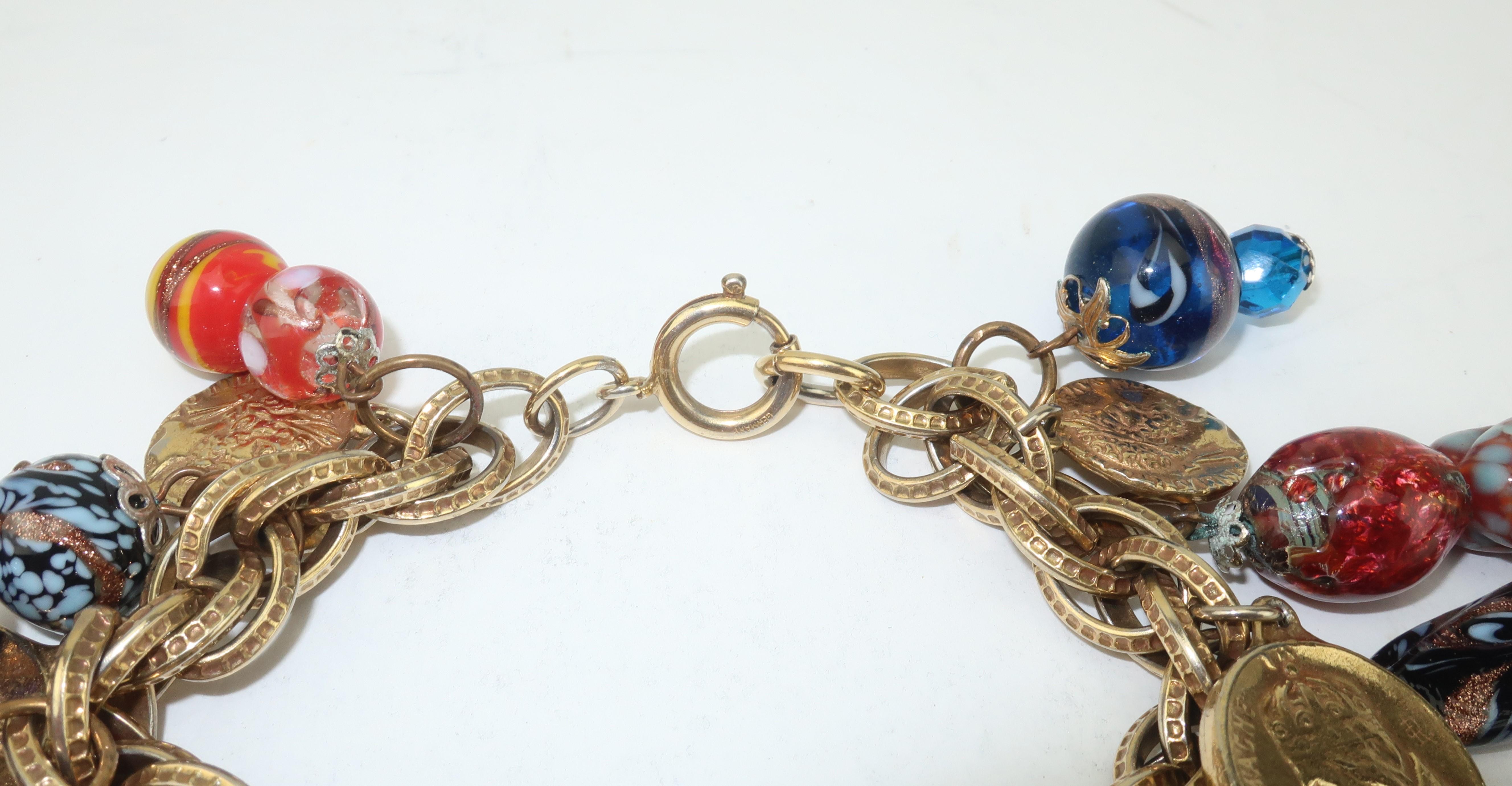 Retro Vintage Faux Coin & Art Glass Bead Charm Bracelet