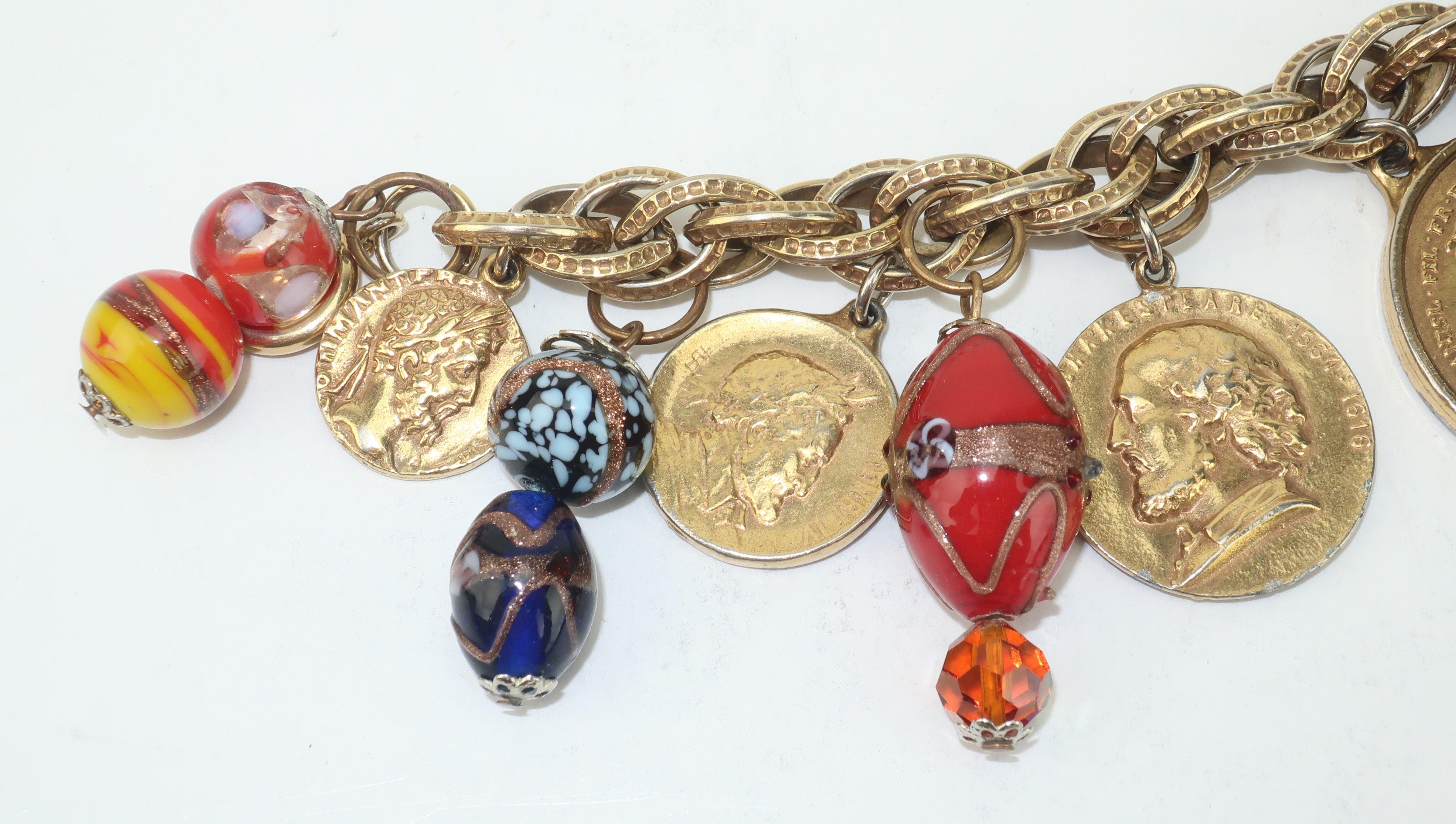 Women's Vintage Faux Coin & Art Glass Bead Charm Bracelet