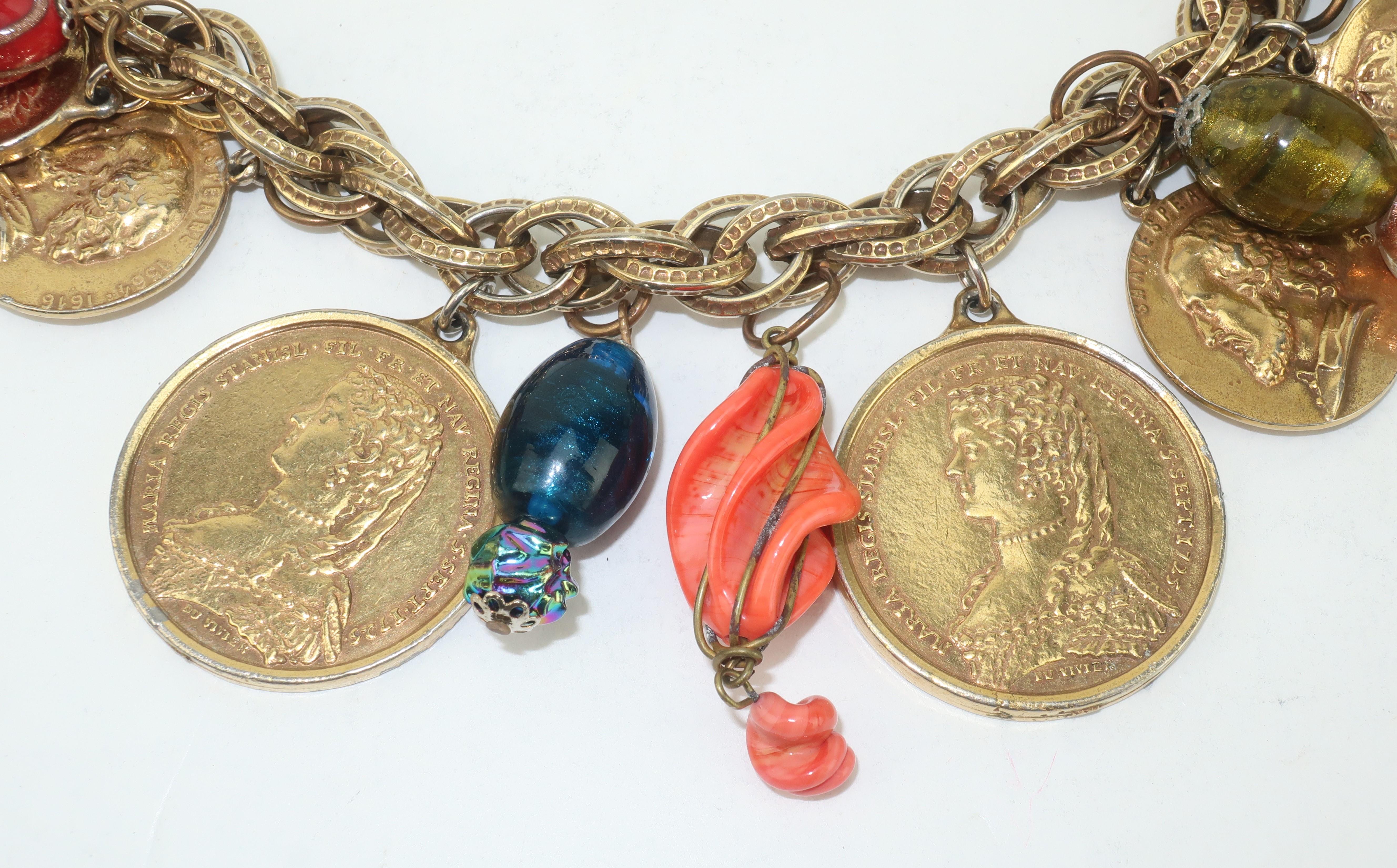 Vintage Faux Coin & Art Glass Bead Charm Bracelet 1