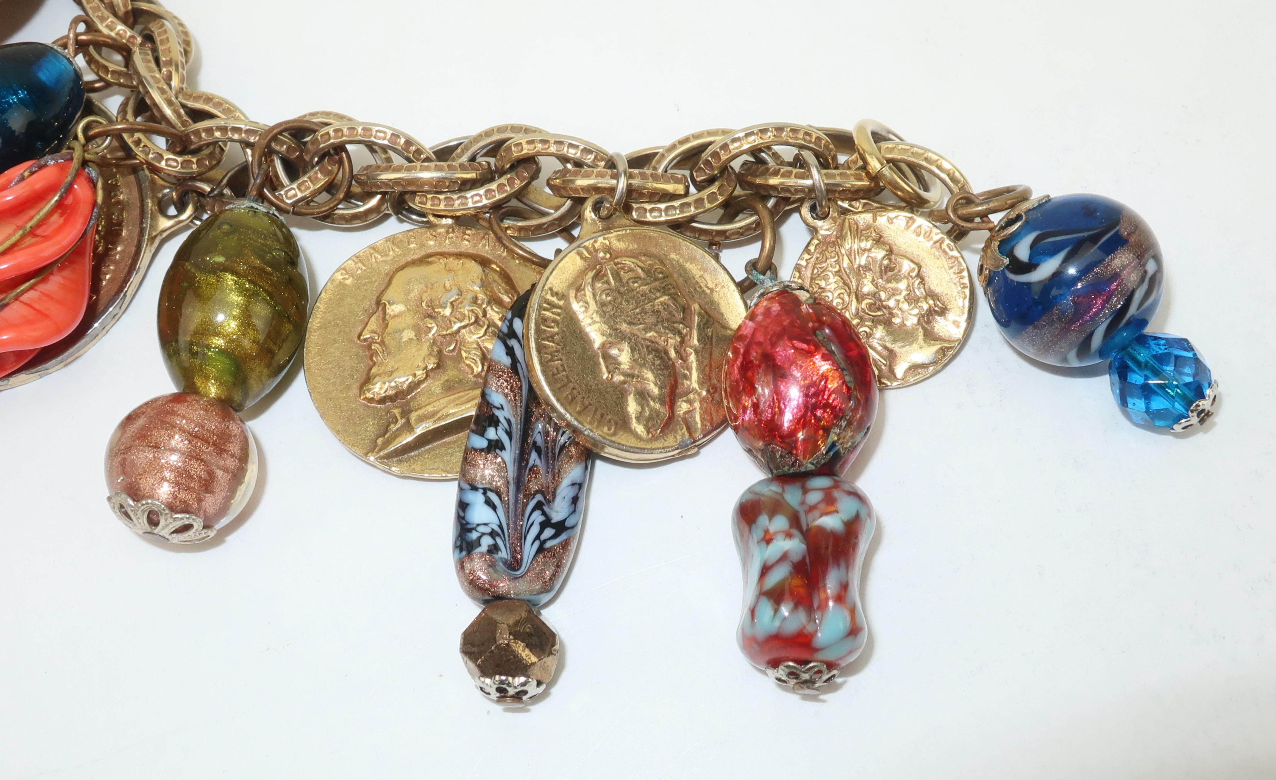 Vintage Faux Coin & Art Glass Bead Charm Bracelet 2