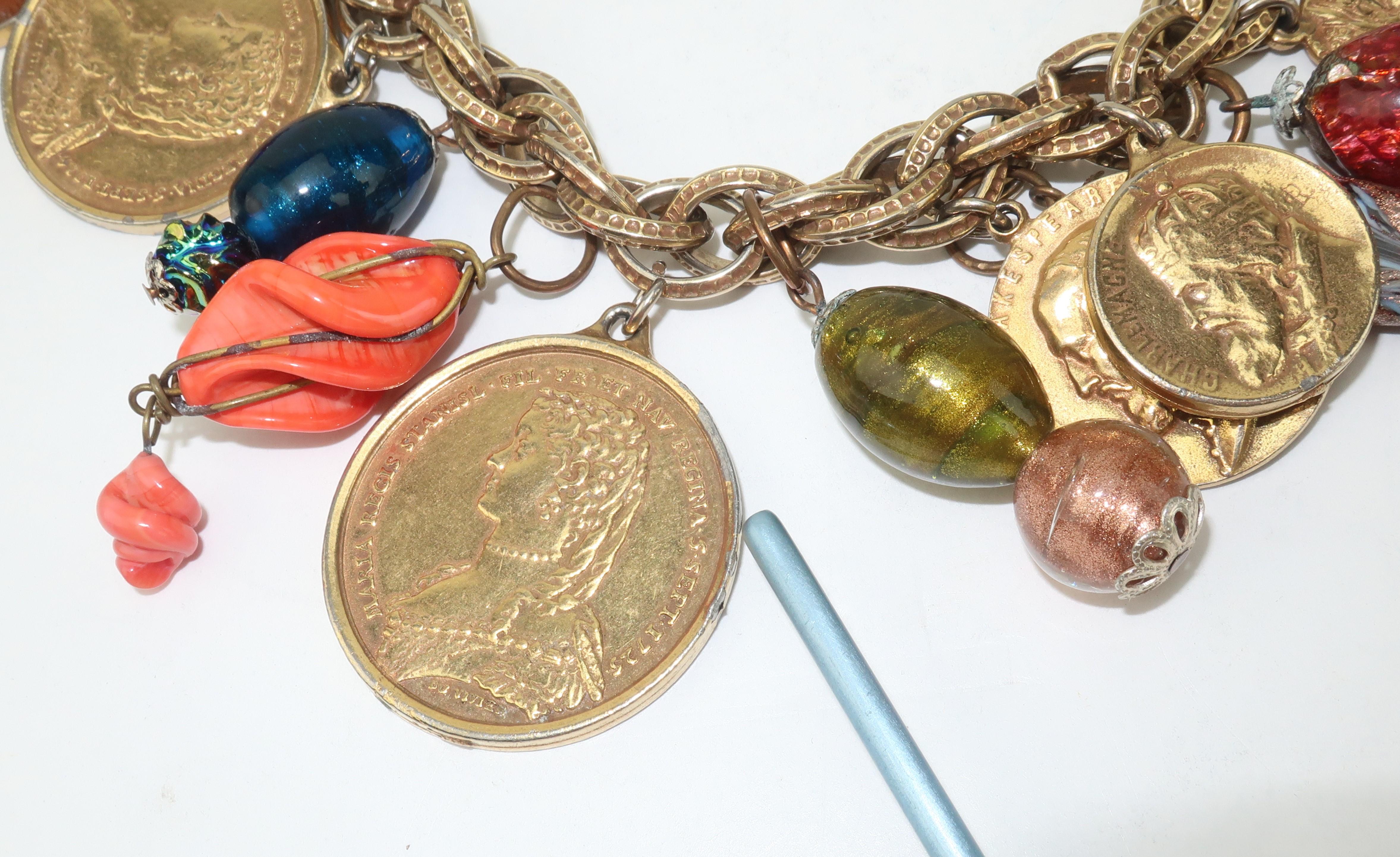 Vintage Faux Coin & Art Glass Bead Charm Bracelet 3
