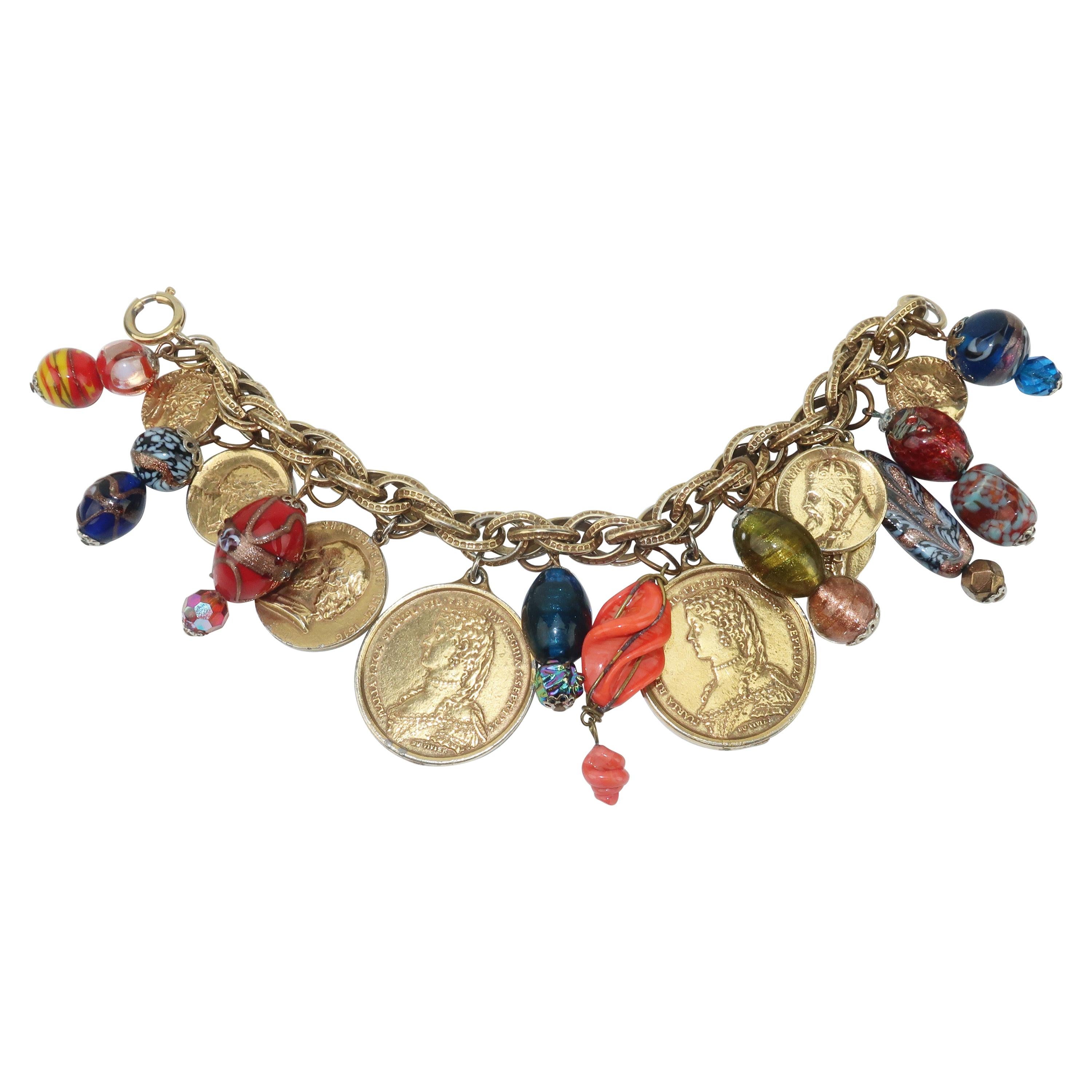 Vintage Faux Coin & Art Glass Bead Charm Bracelet