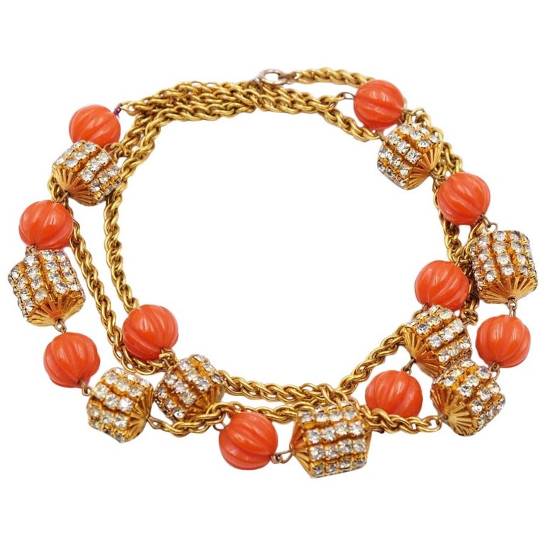 Vintage Faux Coral Beads Sotuar Necklace at 1stDibs gold rope chain