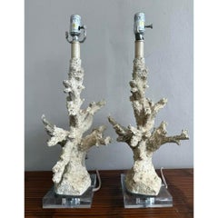 Vintage Faux Coral Branch Lamps on Lucite Base - a Pair