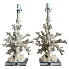 Vintage Faux Coral Branch Lamps on Lucite Base - a Pair