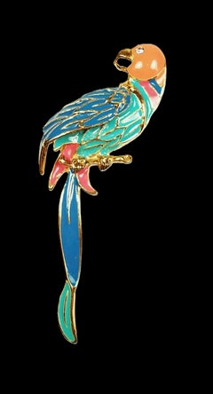 Vintage Faux Coral & Enamel Gold Tone Parrot Brooch - Unsigned - 20th Century