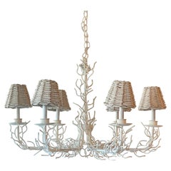 Vintage Faux Coral Metal Chandelier Newly Wired & Lacquered Wicker Shades